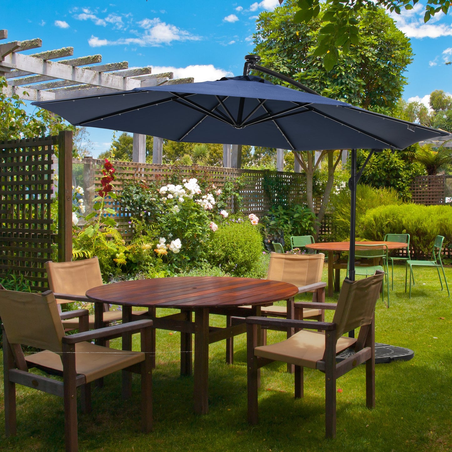 Outsunny 10ft Outdoor Cantilever Umbrella with Solar Lights Banana Umbrella with Adjustable Angle for Patio Backyard Navy Blue | Aosom Canada