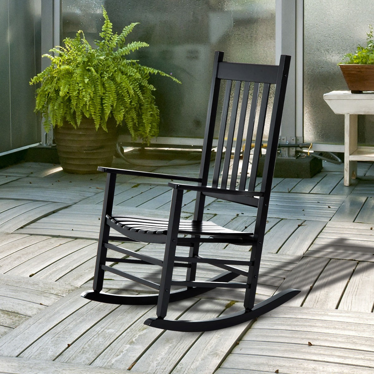 Outsunny Versatile Wooden Indoor / Outdoor High Back Slat Rocking Chair Black | Aosom Canada