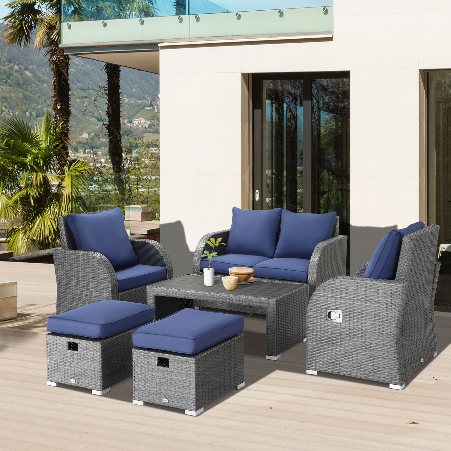 Outsunny 6-PCs Outdoor Rattan Wicker Sofa Set Angle Adjustable Recline Single Chair, w/ Gas Spring & Soft Washable Cushions, Dark Blue | Aosom Canada