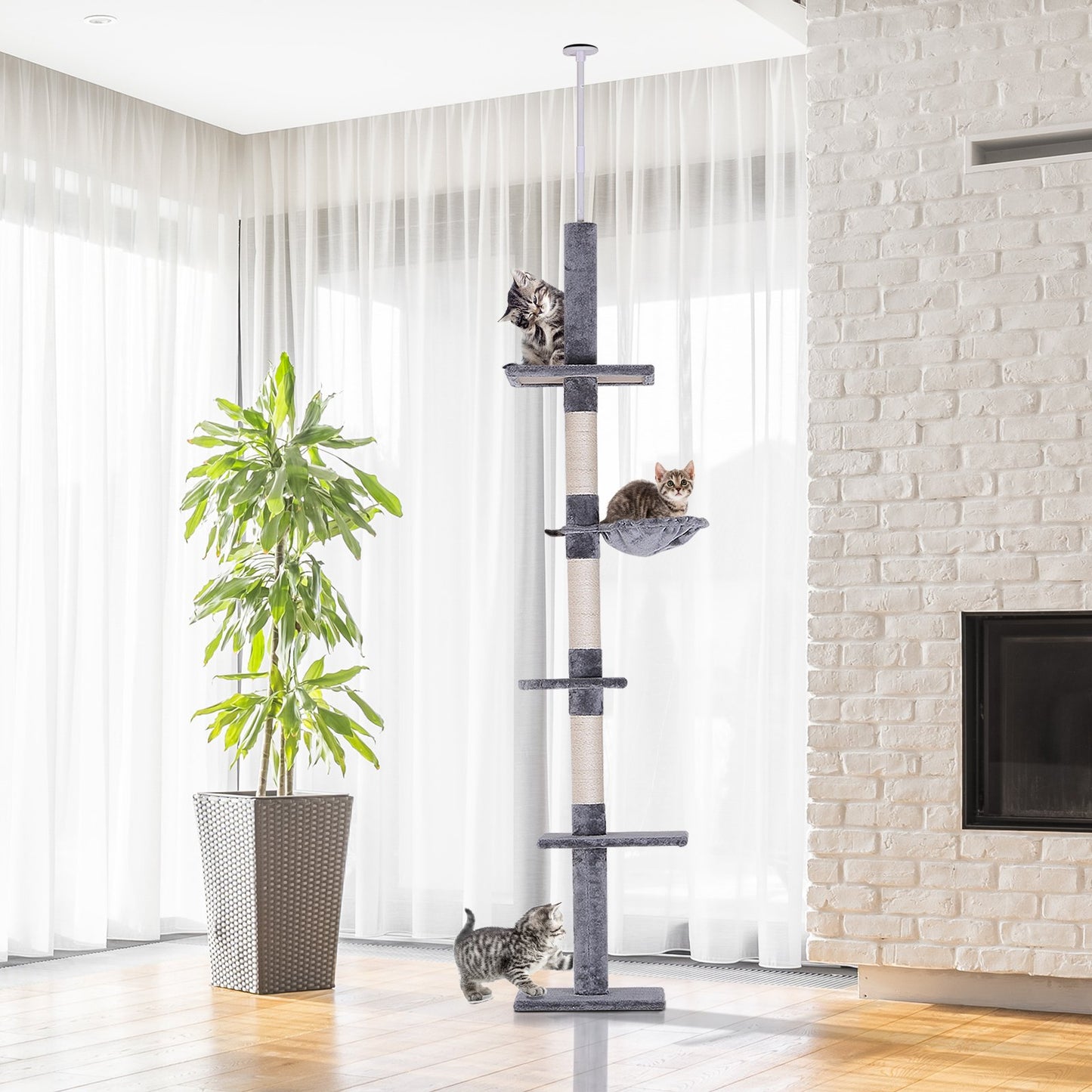 PawHut 8.5ft Cat Scratching Post Cat Tree Canada Cat Tower Cat Climbing 5-Tier Kitty Activity Center Floor-to-Ceiling Climber Grey | Aosom Canada