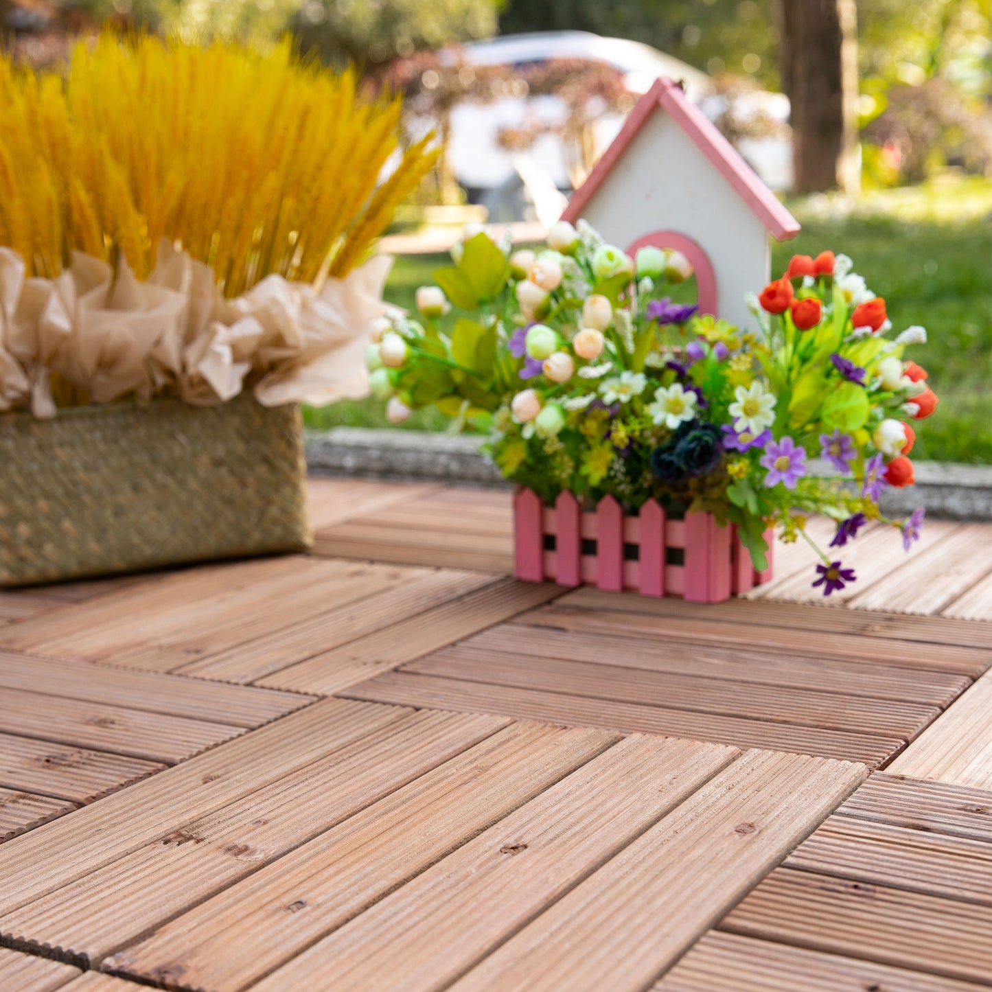 Outsunny 27 Pcs Floor Tiles Interlocking Solid Wood DIY Deck Tiles Indoor Outdoor Flooring, Brown | Aosom Canada