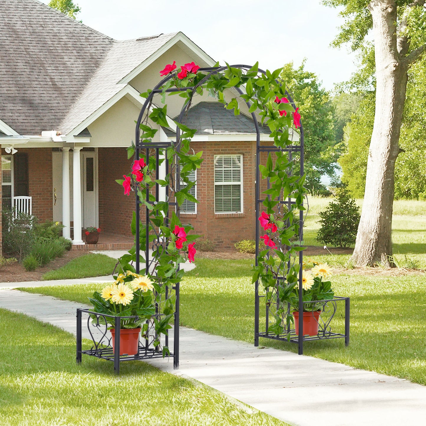 Outsunny 6.8ft Decorative Metal Garden Arch with 2 Planter Boxes Outdoor Walkway Arbor for Climbing Vine Plants Patio Backyard Lawn | Aosom Canada
