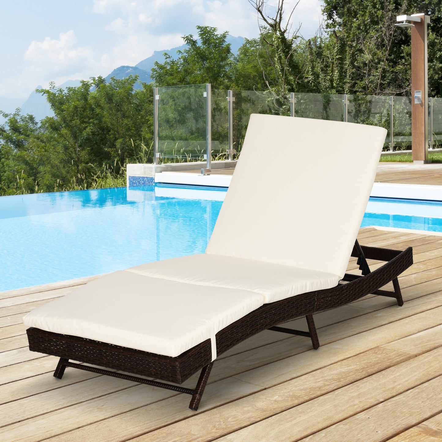 Outsunny Patio Lounger Chair, Outdoor PE Rattan Wicker Chaise with 5 Position Adjustable Back, Padded Cushion, Cream | Aosom Canada
