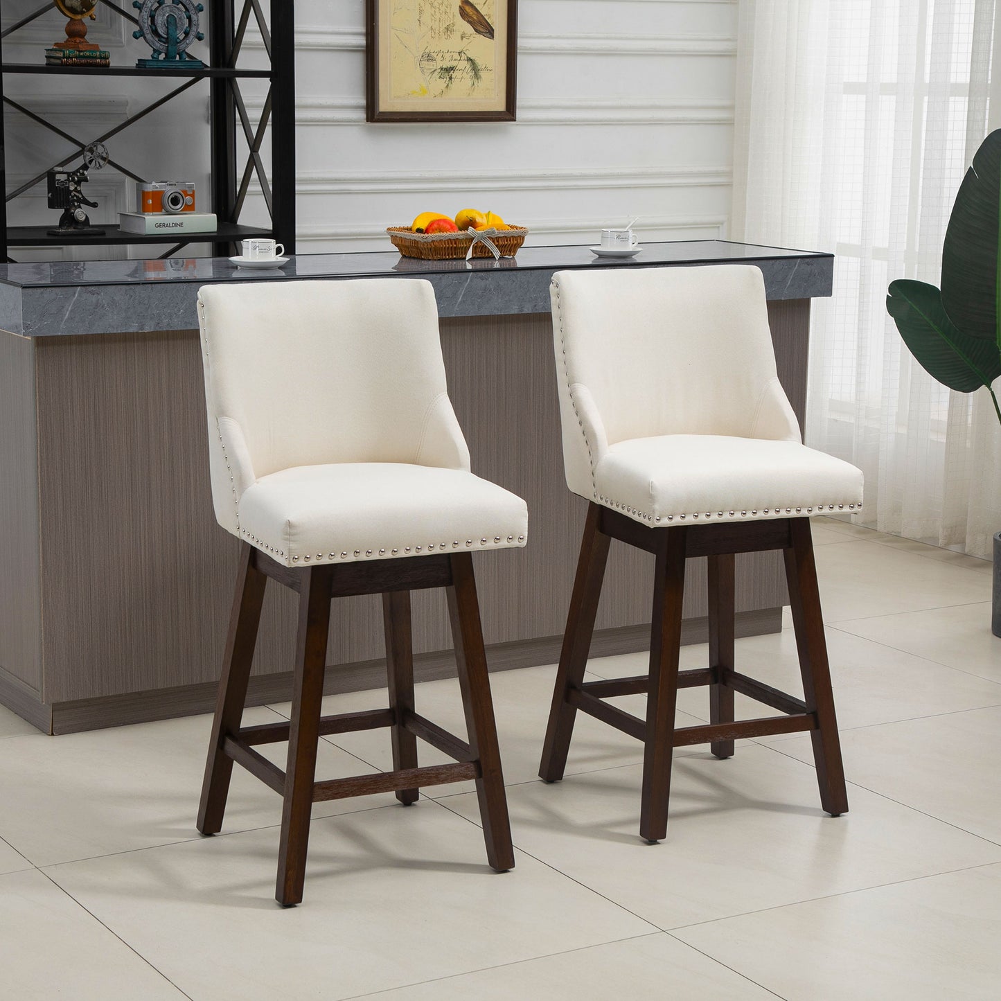 HOMCOM Swivel Bar stool Set of 2 Armless Upholstered Bar Chairs with Nailhead-Trim, Wood Legs, White | Aosom Canada