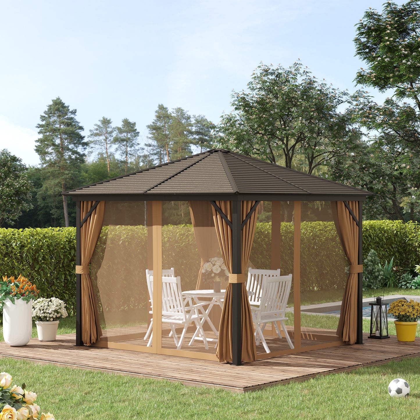 Outsunny 10' x 10' Steel Hardtop Gazebo Garden Sun Shelter with Mosquito Netting and Curtains Hanging Hook Aluminum Frame Brown | Aosom Canada