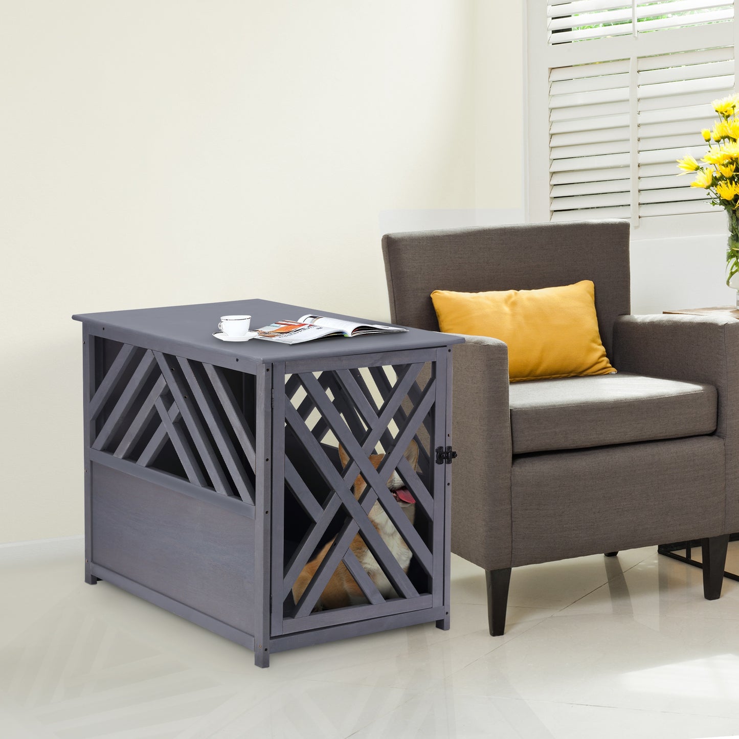 PawHut Furniture Style Wood Dog Crate End Table Decorative Dog Cage Kennel Lattice Night Stand with Lockable Door, Indoor Use, Grey | Aosom Canada