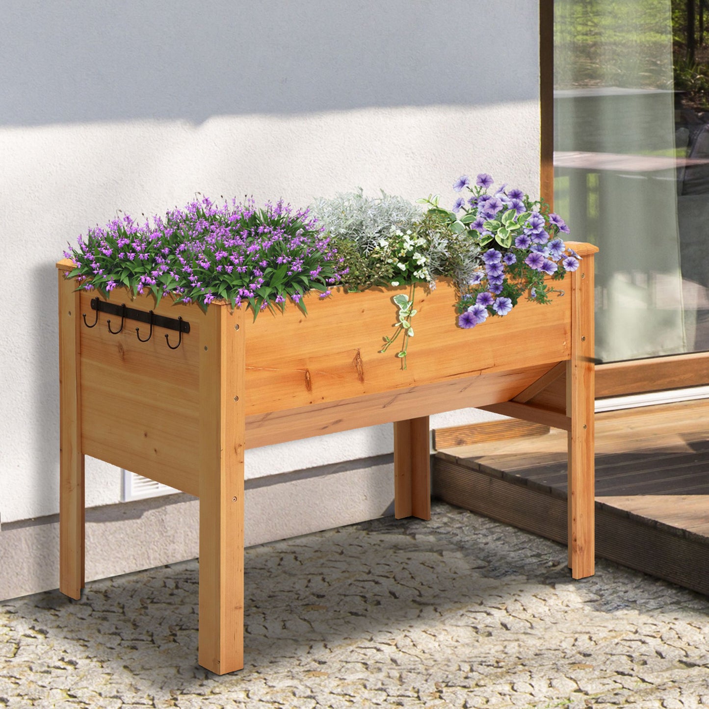 Outsunny 49'' x 24'' x 32'' Wooden Raised Garden Plant Stand Outdoor Tall Flower Bed Box with Hooks Nature Wood Color | Aosom Canada