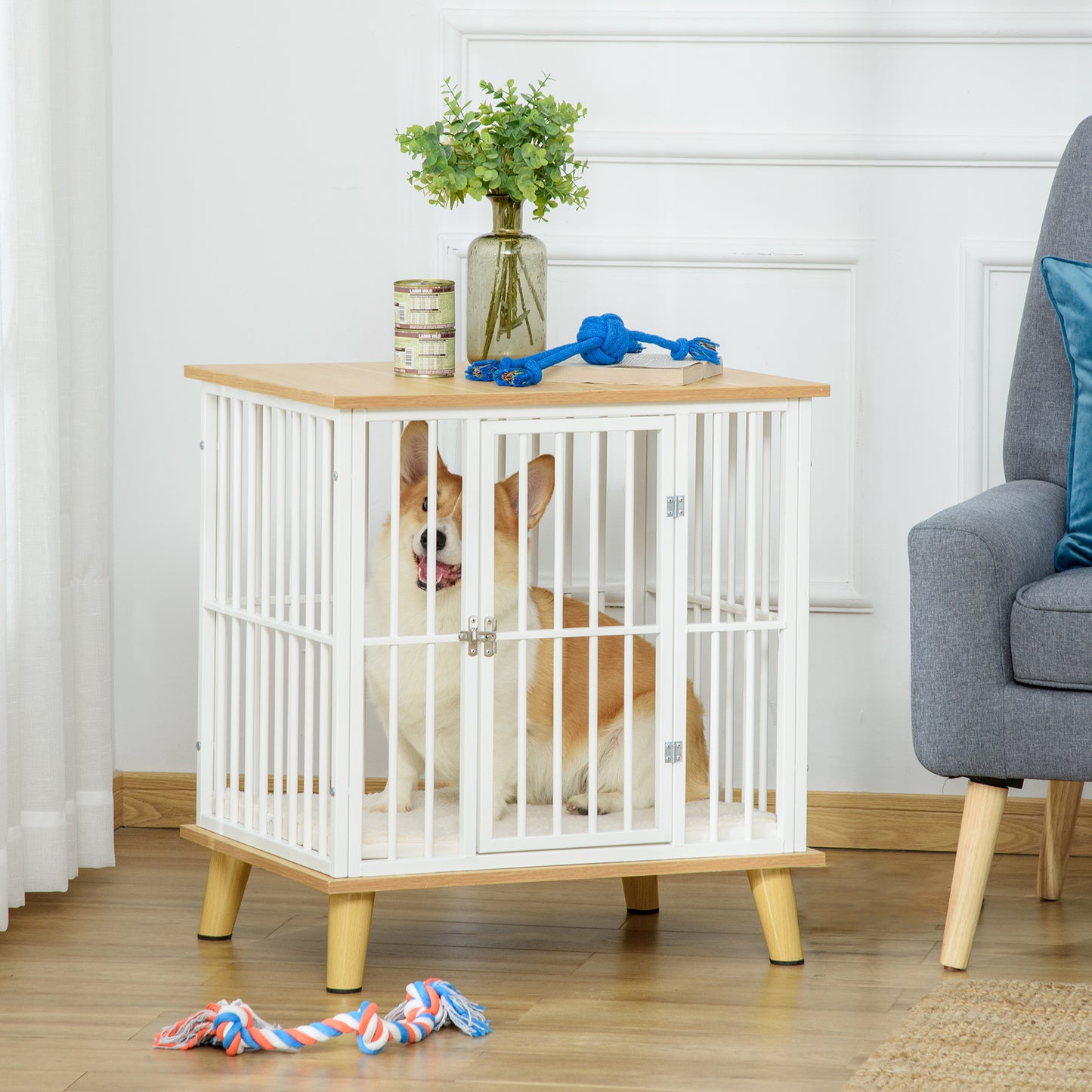 PawHut Dog Crate, Furniture Style Pet Cage Kennel, End Table, Decorative Dog House, with Soft Cushion, Wooden Top, Door, Oak | Aosom Canada