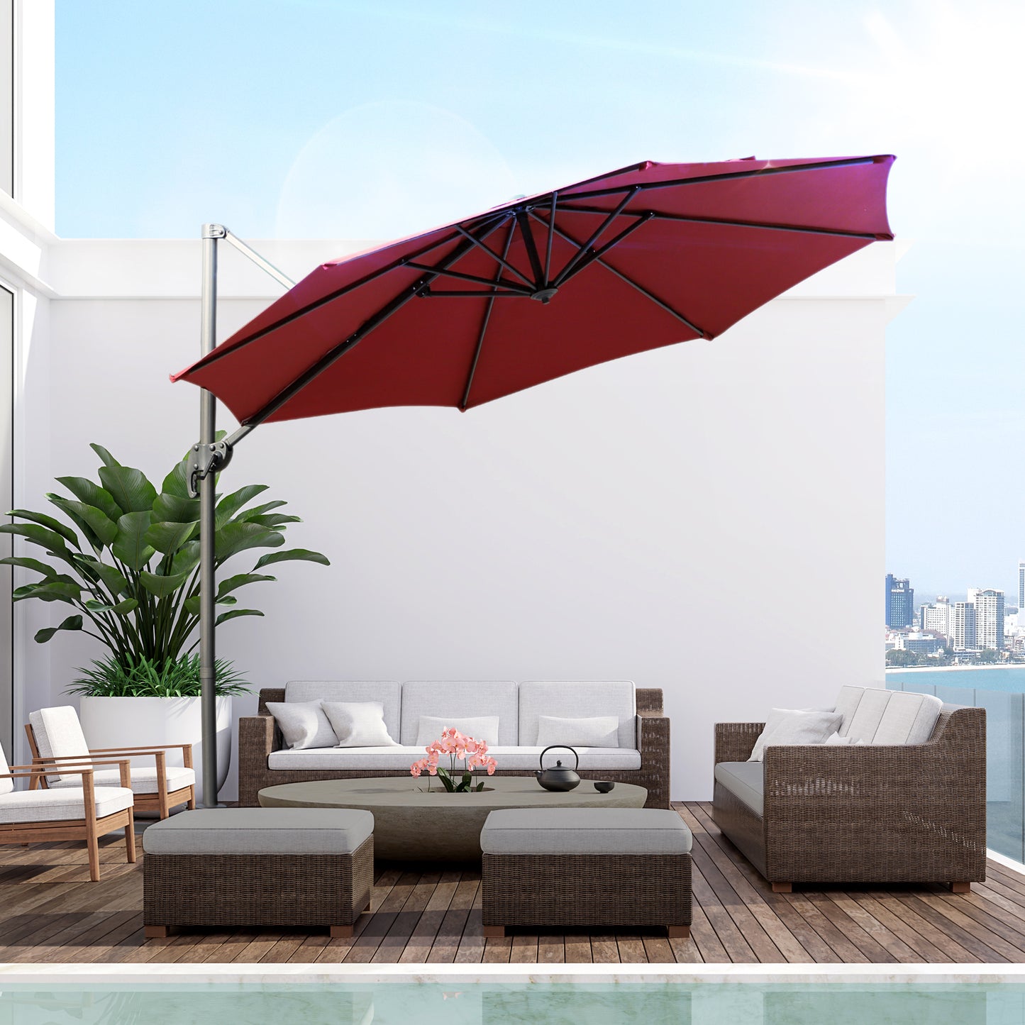Outsunny Φ9.6' Round Patio Hanging Offset Umbrella Outdoor Cantilever Crank Market Parasol Garden Sun Canopy Shelter, Wine Red | Aosom Canada