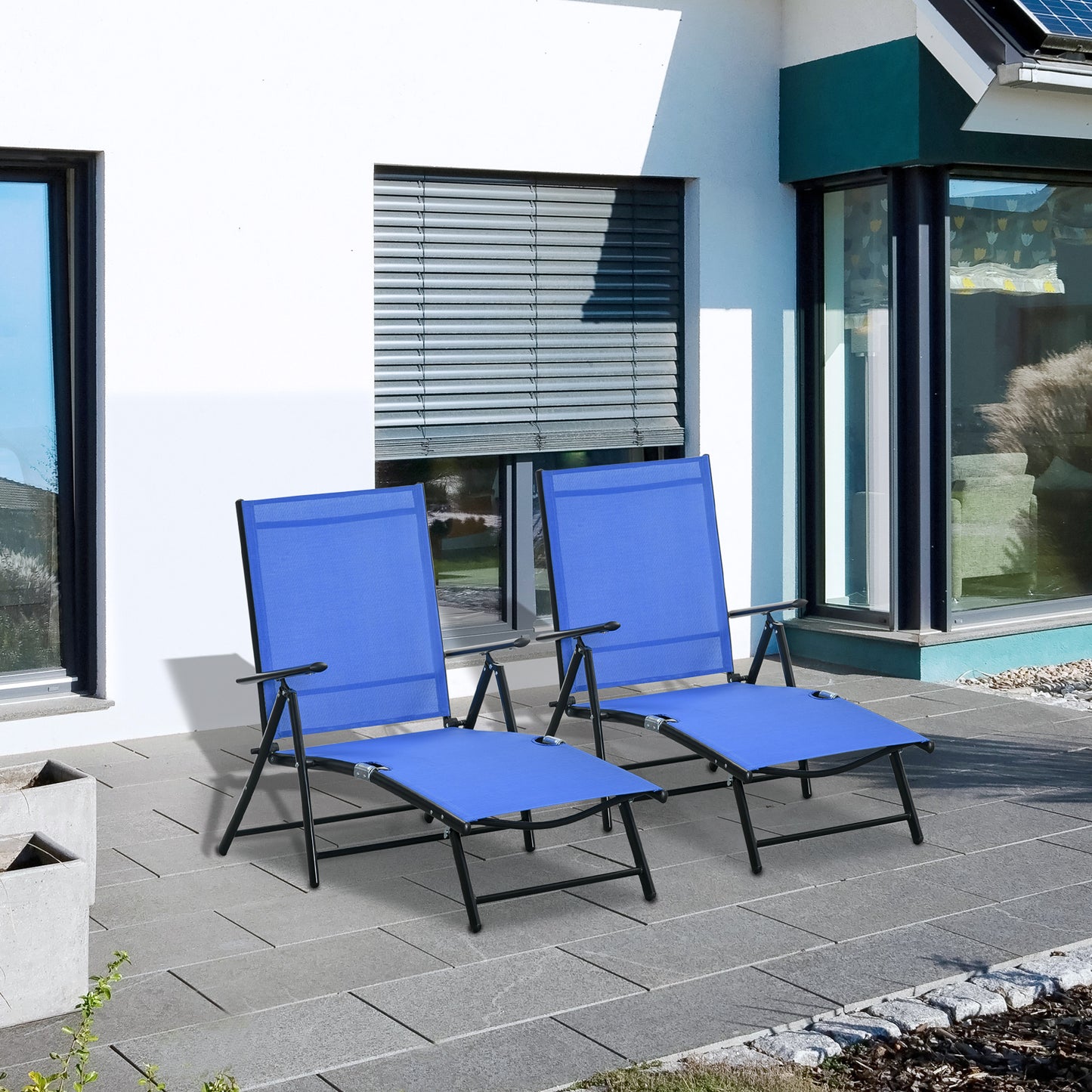 Outsunny Outdoor Set of 2 Lounge Chair, Folding Reclining Garden Sun Lounger with Metal Frame, Blue | Aosom Canada