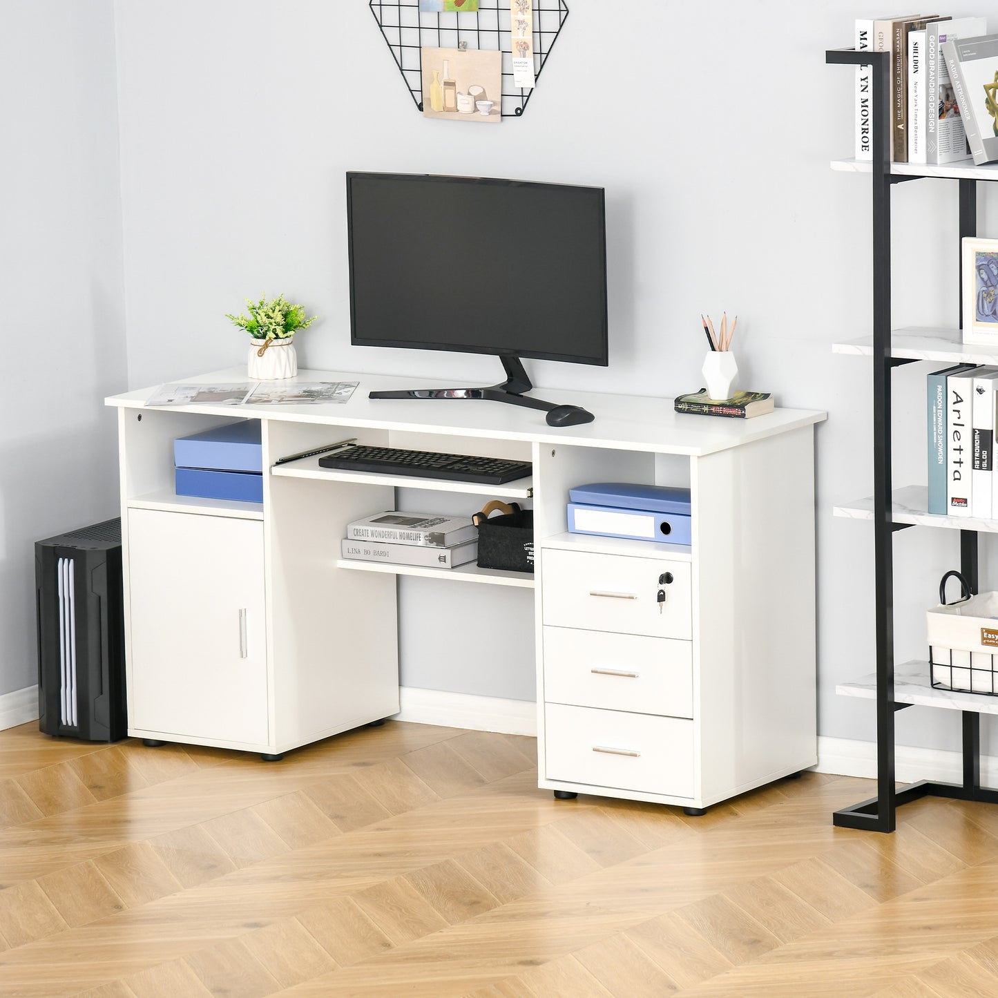 HOMCOM Computer Desk with Keyboard Tray and Drawers, Writing Desk, Home Office Workstation, White | Aosom Canada