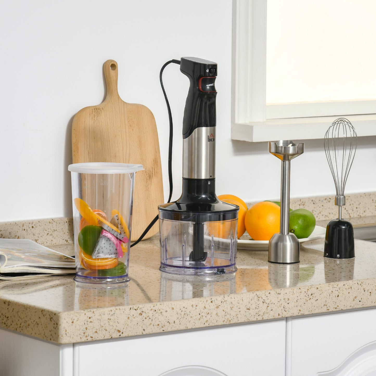 HOMCOM Immersion Hand Blender, 400W 4-In-1 Handheld Stick Blender with Adjustable Speed, 500ml Chopper, Stainless Steel Blades | Aosom Canada