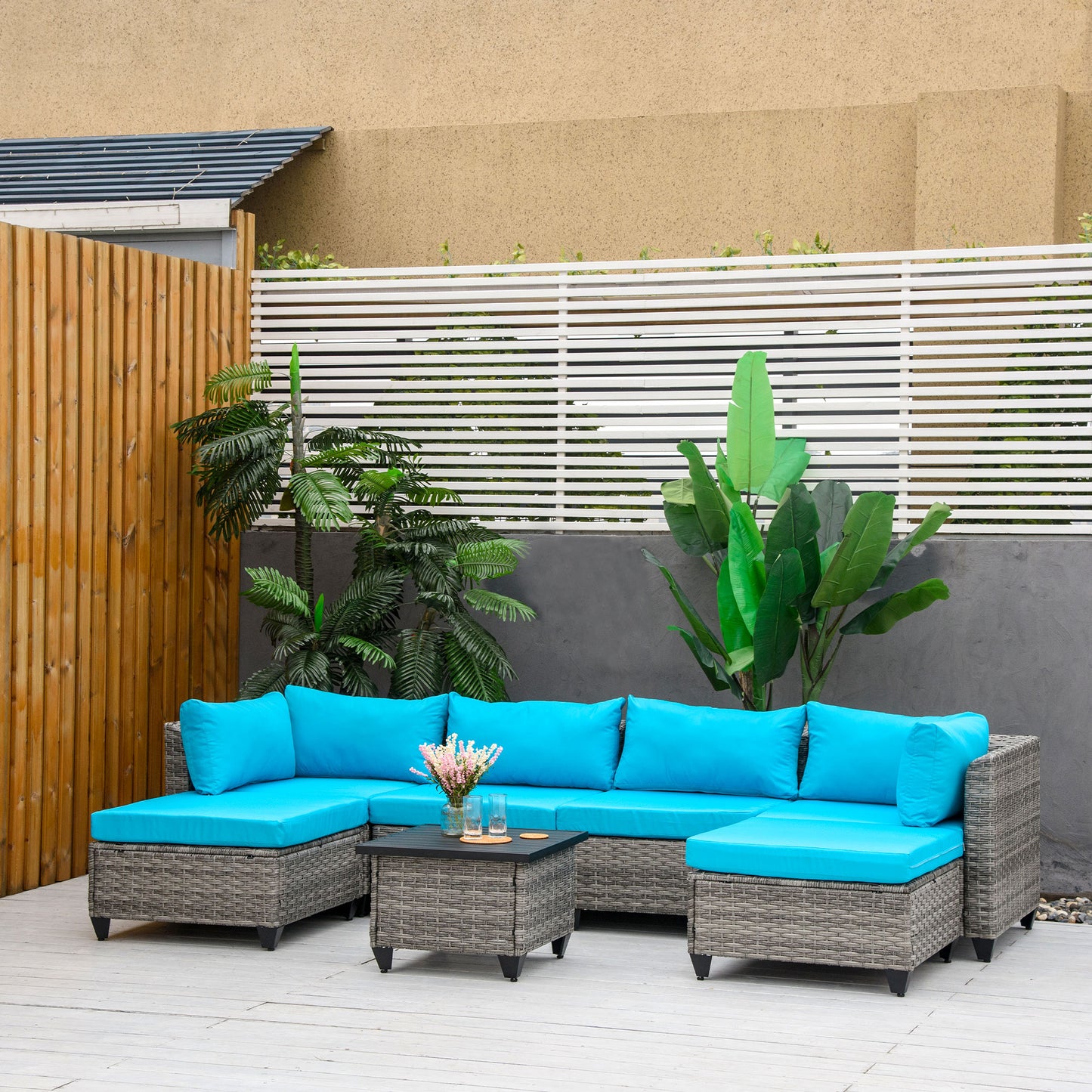 Outsunny 7 Pieces Patio Wicker Corner Sofa Set, Outdoor PE Rattan Sectional Conversation Furniture Set, Light Blue | Aosom Canada