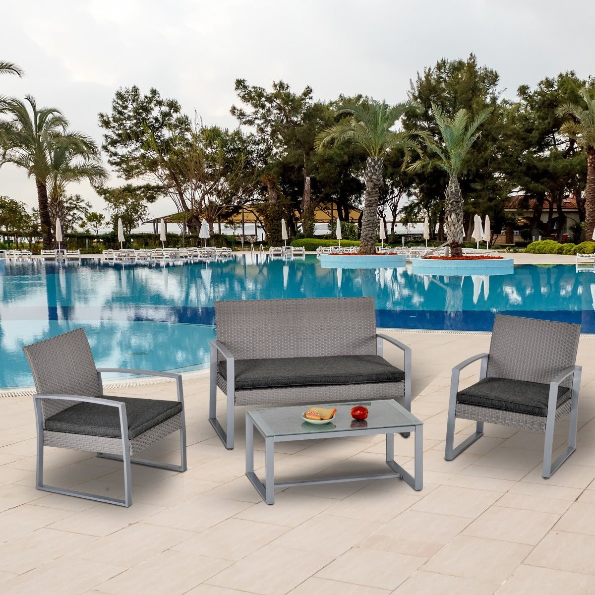 Outsunny 4 PCs PE Rattan Wicker Sofa Set Outdoor Conservatory Furniture Lawn Patio Coffee Table w/ Cushion, Grey | Aosom Canada