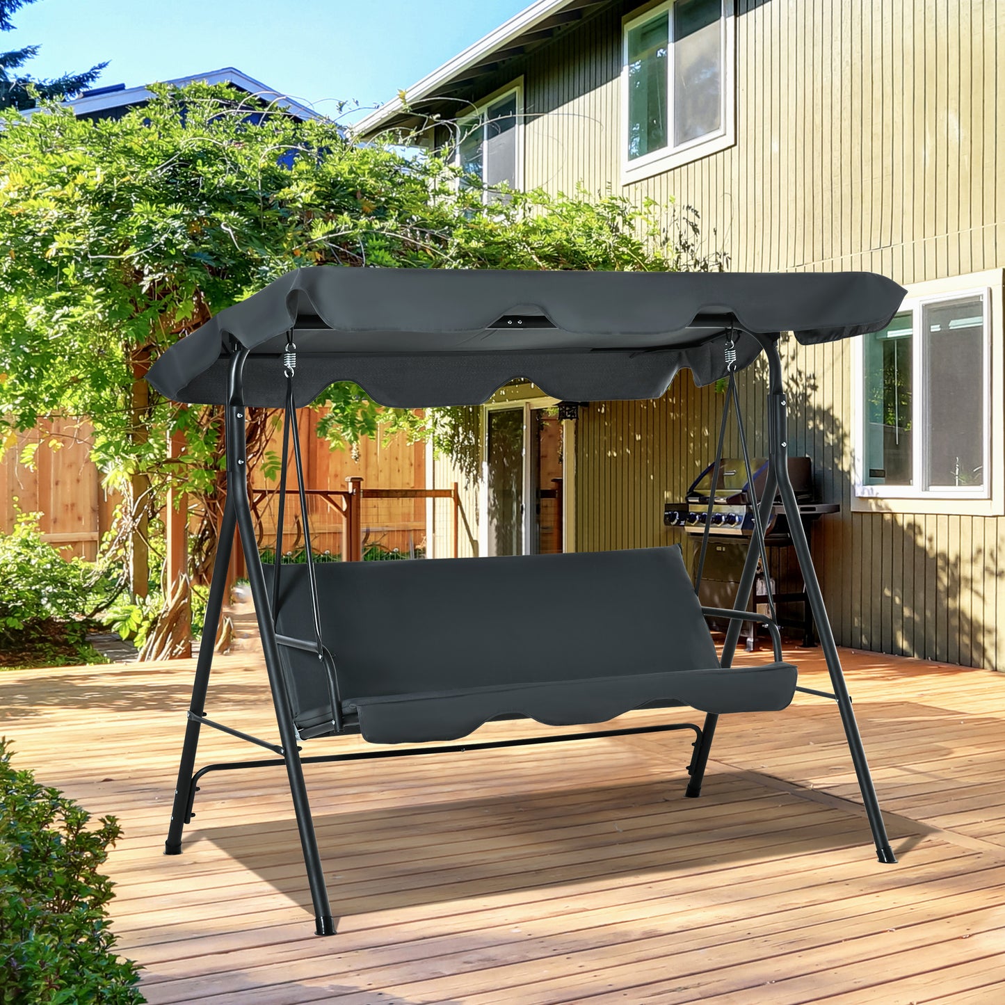 Outsunny 3-Person Porch Lawn Swing with Canopy, Outdoor Yard Glider Swing Chair with Stand, Grey | Aosom Canada