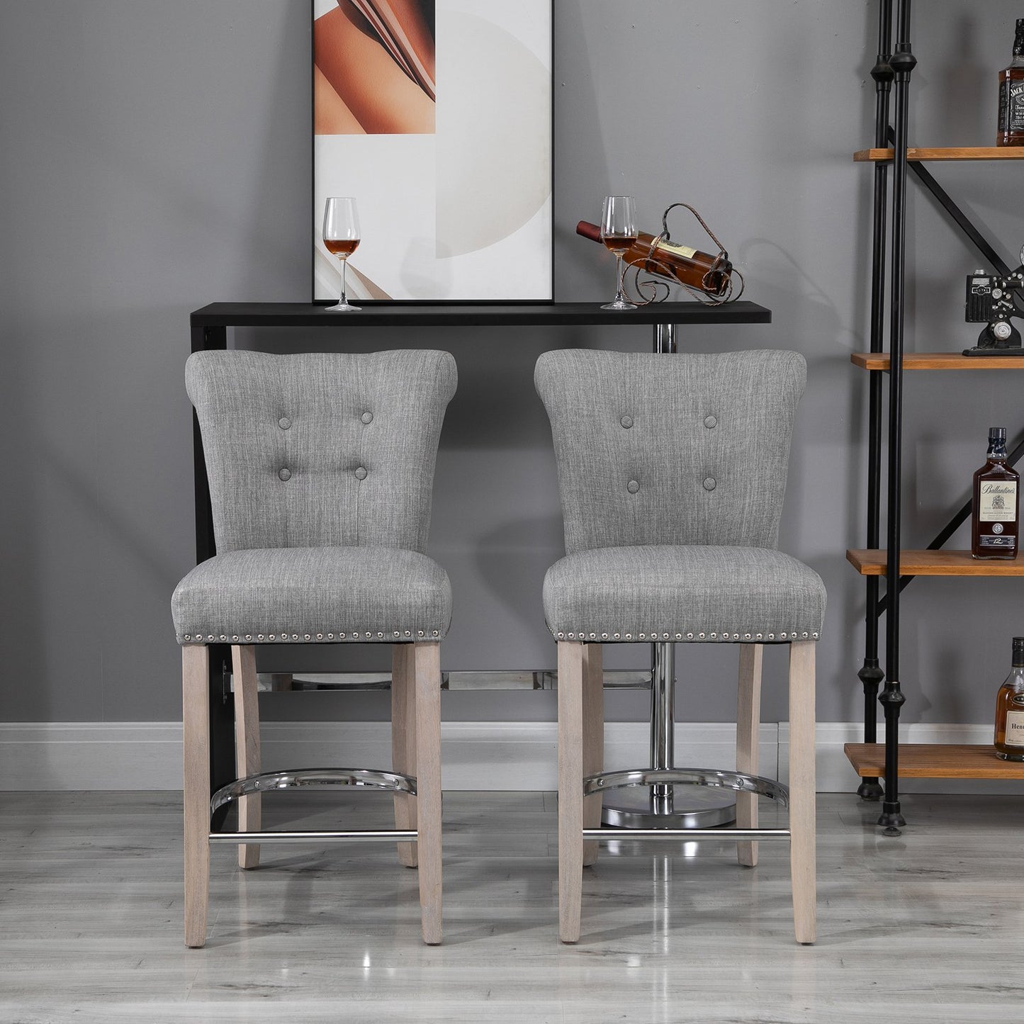 Homcom 2 Pieces Counter Height Bar Stools Bar Benches Dining Chair With Footrest Solid Wood Leg Home Pub Grey | Aosom Canada