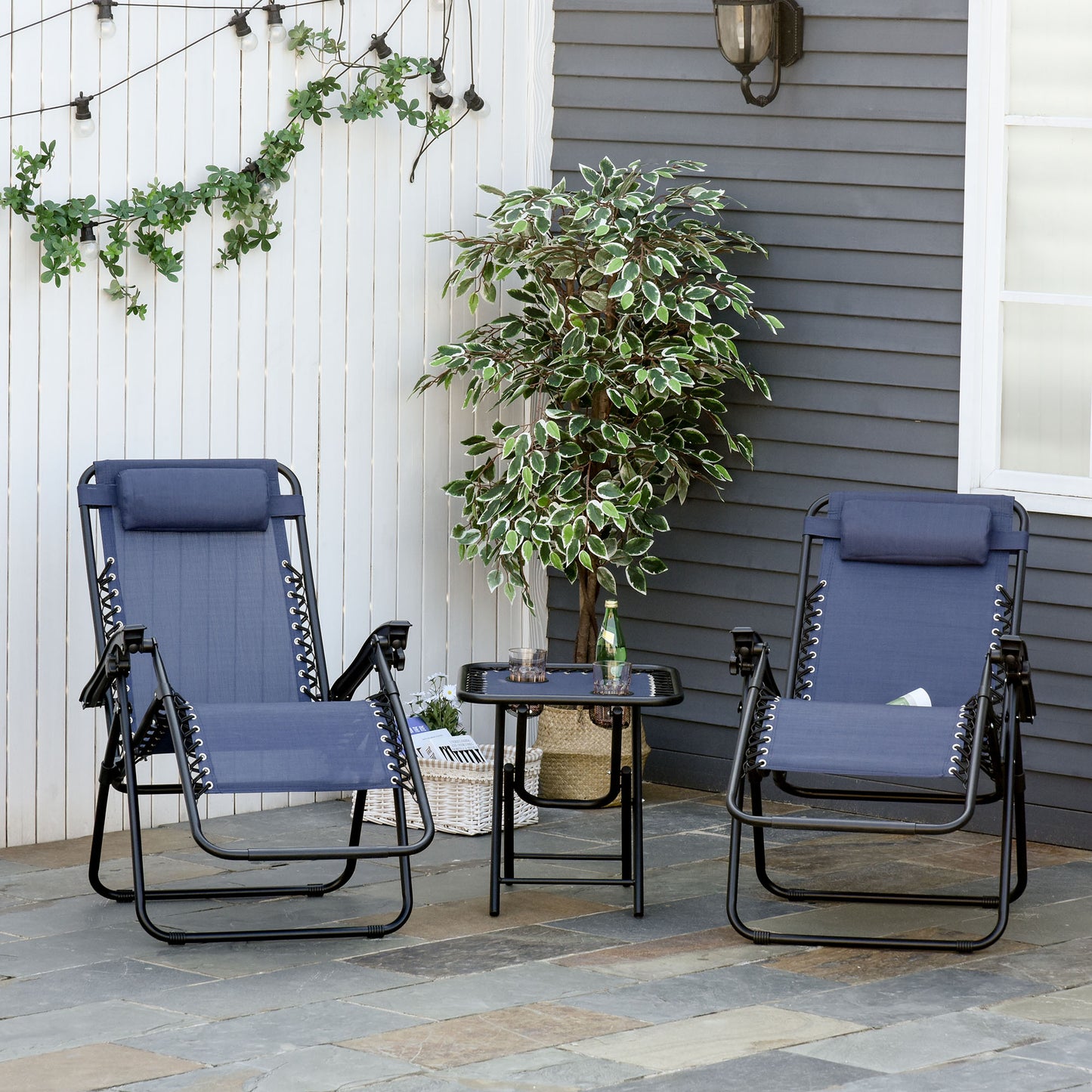 Outsunny 3pcs Zero Gravity Lounger Chair Set Patio Chaise Lounge Side Table Set w/ Cup Holder Blue | Aosom Canada