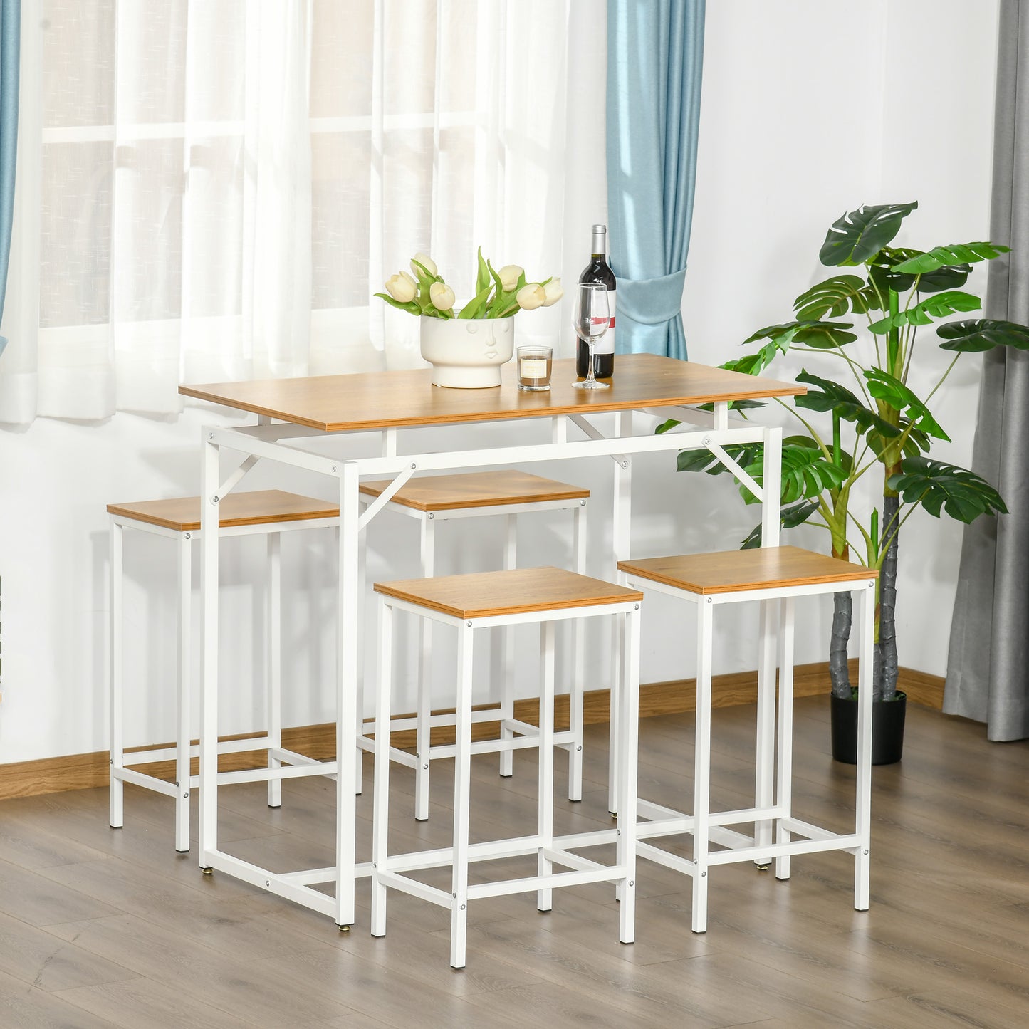 HOMCOM Bar Table Set With 4 Stools, 5 Pieces Bar Height Breakfast Table for Dining Room, Kitchen, Oak | Aosom Canada