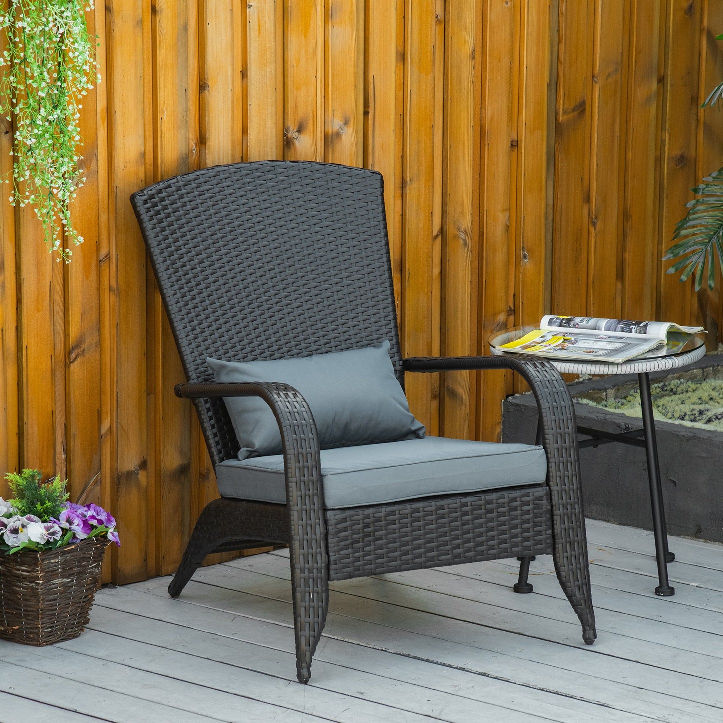 Outsunny Patio Classic Rattan Adirondack Chair, Outdoor PE Rattan Leisure Deck Chair, Ergonomic Armrest Chair with Cushion Light Grey | Aosom Canada