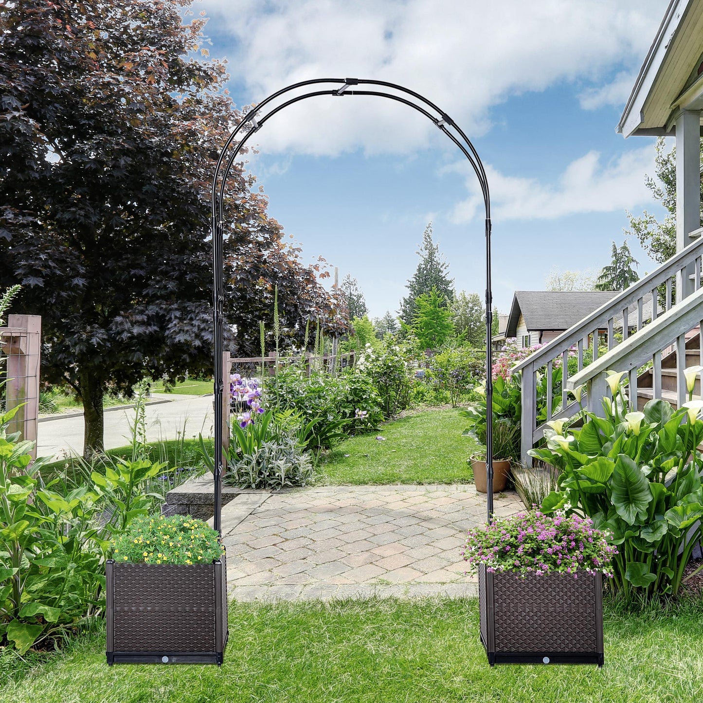 Outsunny 8ft Garden Arch with Two Planters Outdoor Steel Trellis Arbor for Climbing Plants, Weddings, Party, Brown, Black | Aosom Canada