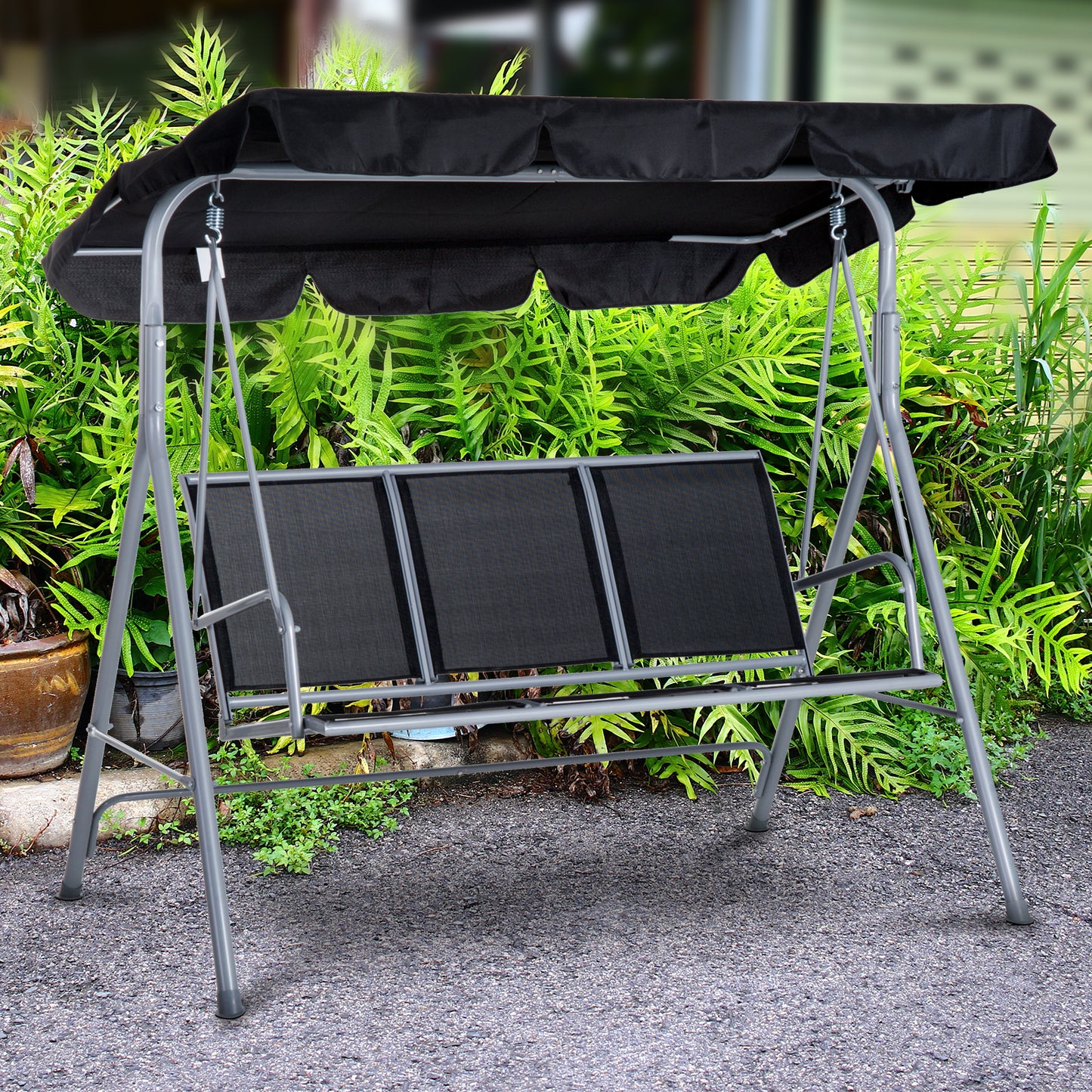 Outsunny A Frame 3-Seater Outdoor Swing Chair Garden Hammock Porch Glider Bed Sling Seat w/ Canopy Cover Black | Aosom Canada