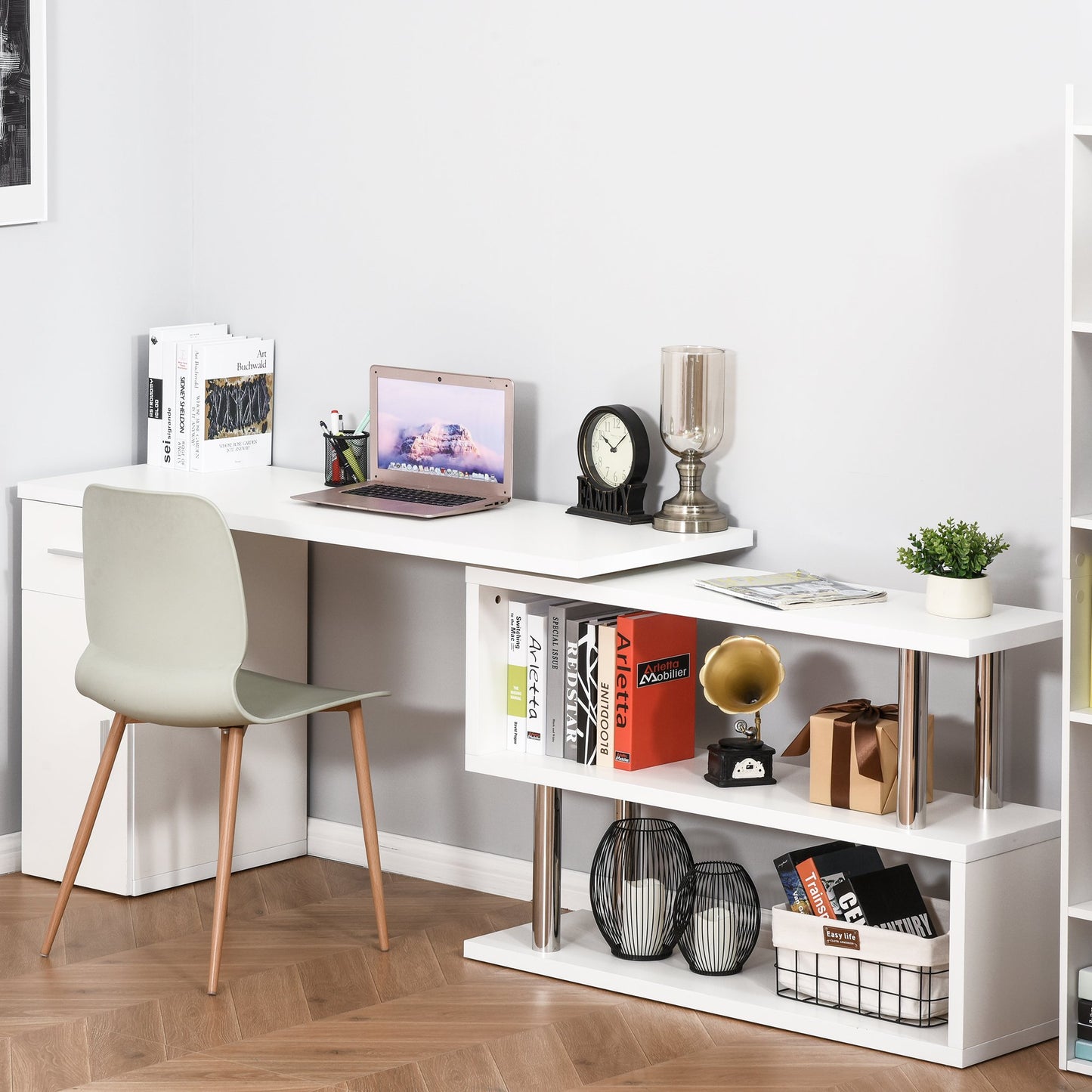 HOMCOM L-Shaped Rotating Computer Desk Home Office Study Workstation with Storage Shelves, Cabinet and Drawer for Home & Office, White | Aosom Canada