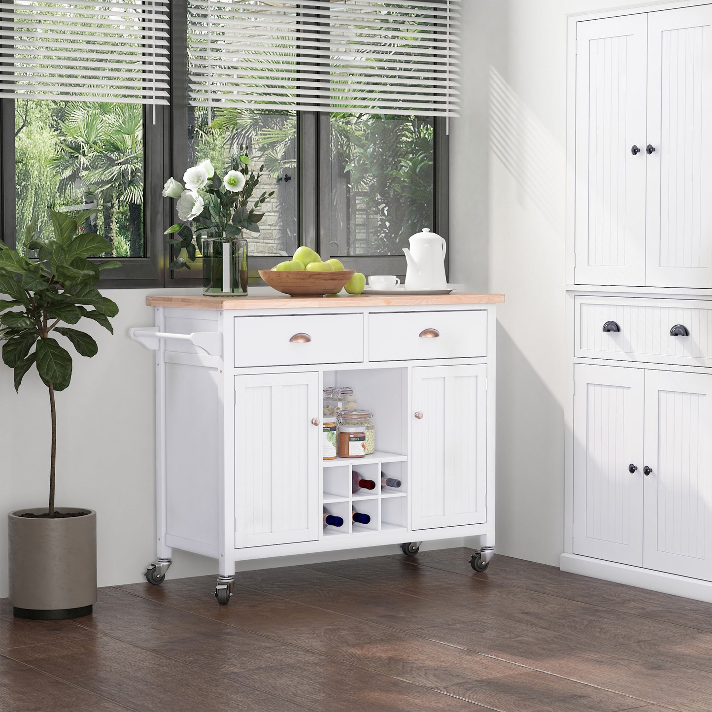 HOMCOM Kitchen Island, Bar Cart on Wheels with Large Counter, 2 Spacious Drawers & Storage Cabinets, Wine Rack, White | Aosom Canada