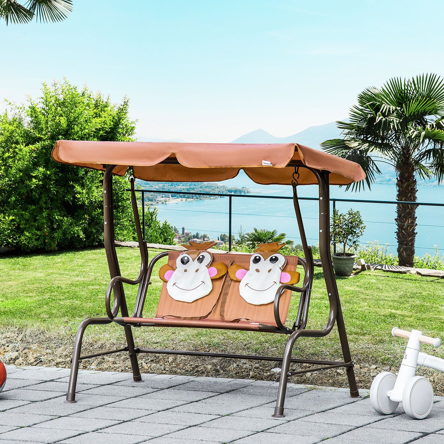 Outsunny 2-Seat Kids Canopy Swing, Children Outdoor Patio Lounge Chair with Adjustable Awning, Seat Belt, Monkey Pattern, Coffee | Aosom Canada