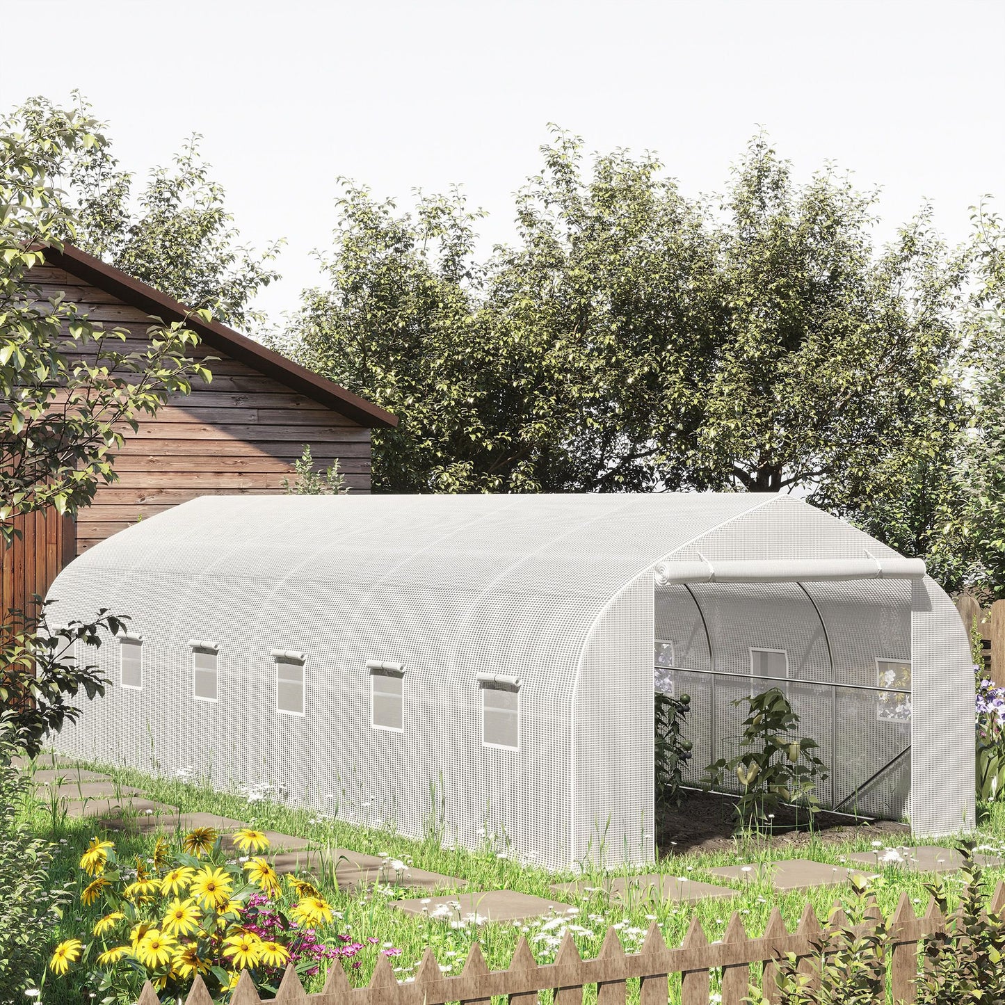 Outsunny 25'x9.5'x6.5' Walk-In Greenhouse Tunnel, Large Gardening Plant Hot House with 12 Windows and Zipper Doors, White | Aosom Canada