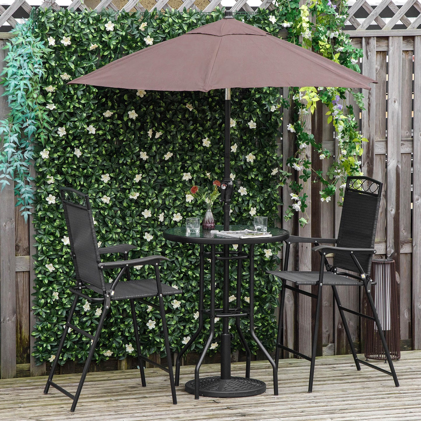 Outsunny 4 Piece Patio Bar Set, Sling Folding Outdoor Furniture with Umbrella for Poolside, Backyard and Garden, Black | Aosom Canada