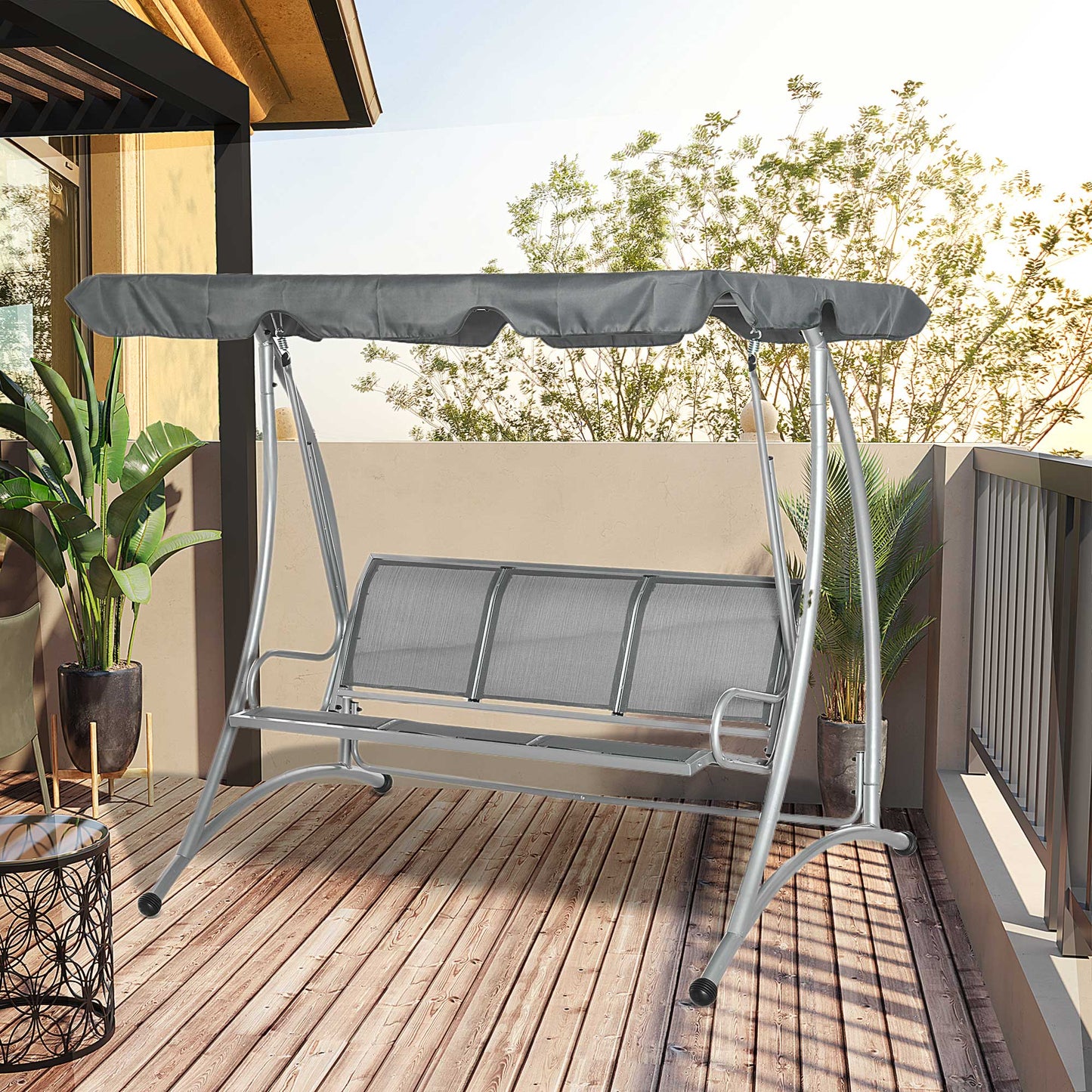 Outsunny 3 Person Patio Swing Seats with Adjustable Canopy Outdoor Swing Chair Bench for Garden, Poolside, Dark Grey | Aosom Canada