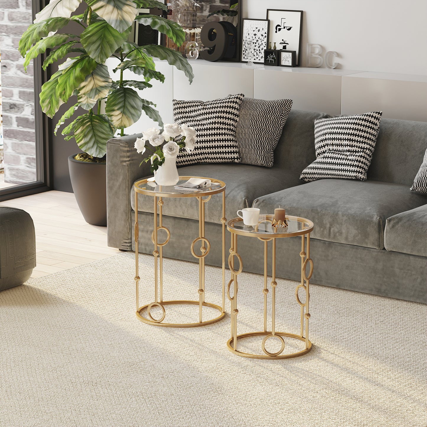HOMCOM Round Coffee Tables Set of 2, Gold Nesting Side End Tables with Tempered Glass Top, Steel Frame for Living Room | Aosom Canada