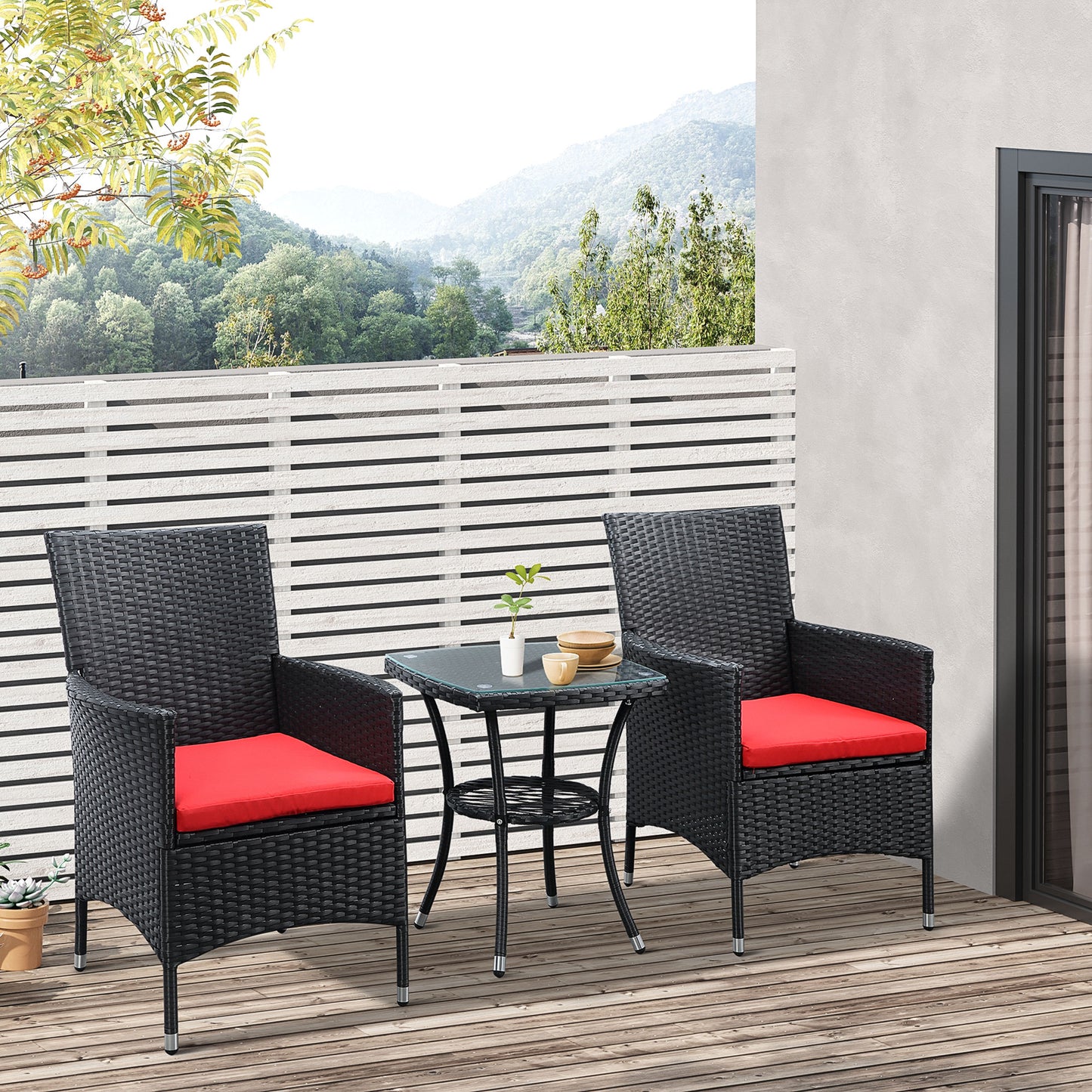 Outsunny 3PC Rattan Bistro Set 2 Armchair Glass Top Coffee Table Wicker Weave Furniture for Garden Outdoor Balcony Patio Black | Aosom Canada