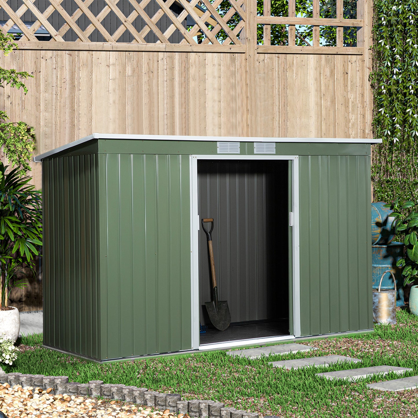 Outsunny 111"x 52" Corrugated Garden Metal Storage Shed Outdoor Equipment Tool Box with Foundation Ventilation & Doors Light Green | Aosom Canada