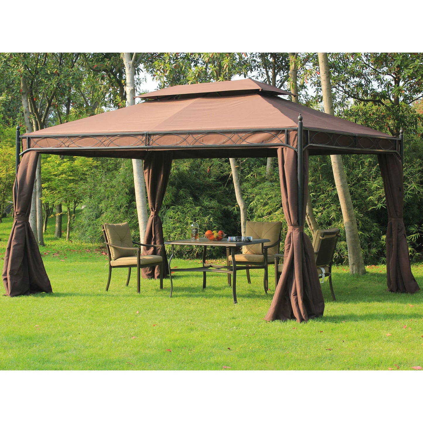 Outsunny 10x13ft Garden Gazebo Double-Tiered with Curtain Outdoor Shelter Backyard Canopy Coffee | Aosom Canada
