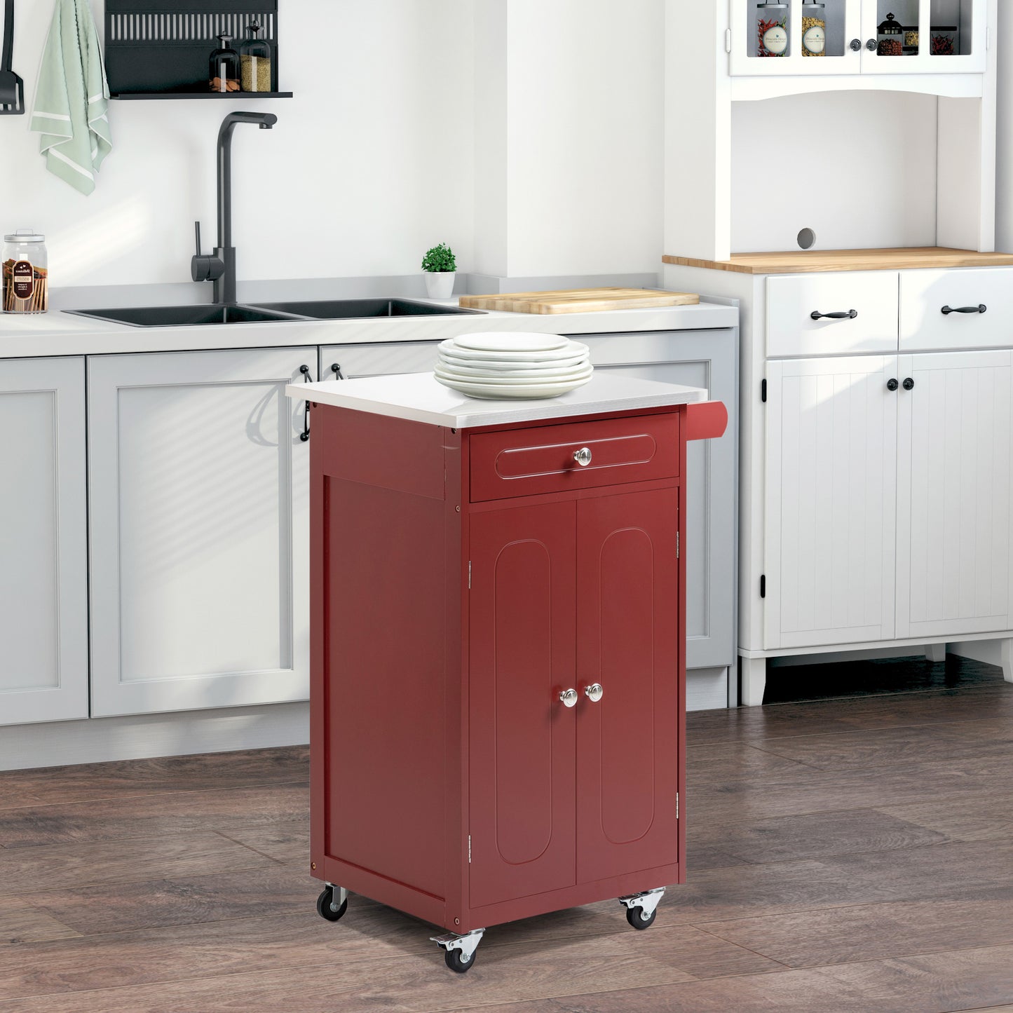 HOMCOM Kitchen Cart, Small Kitchen Island, Stainless Steel Top Utility Trolley on Wheels with Storage Drawer for Dining Room, Kitchen, Red | Aosom Canada