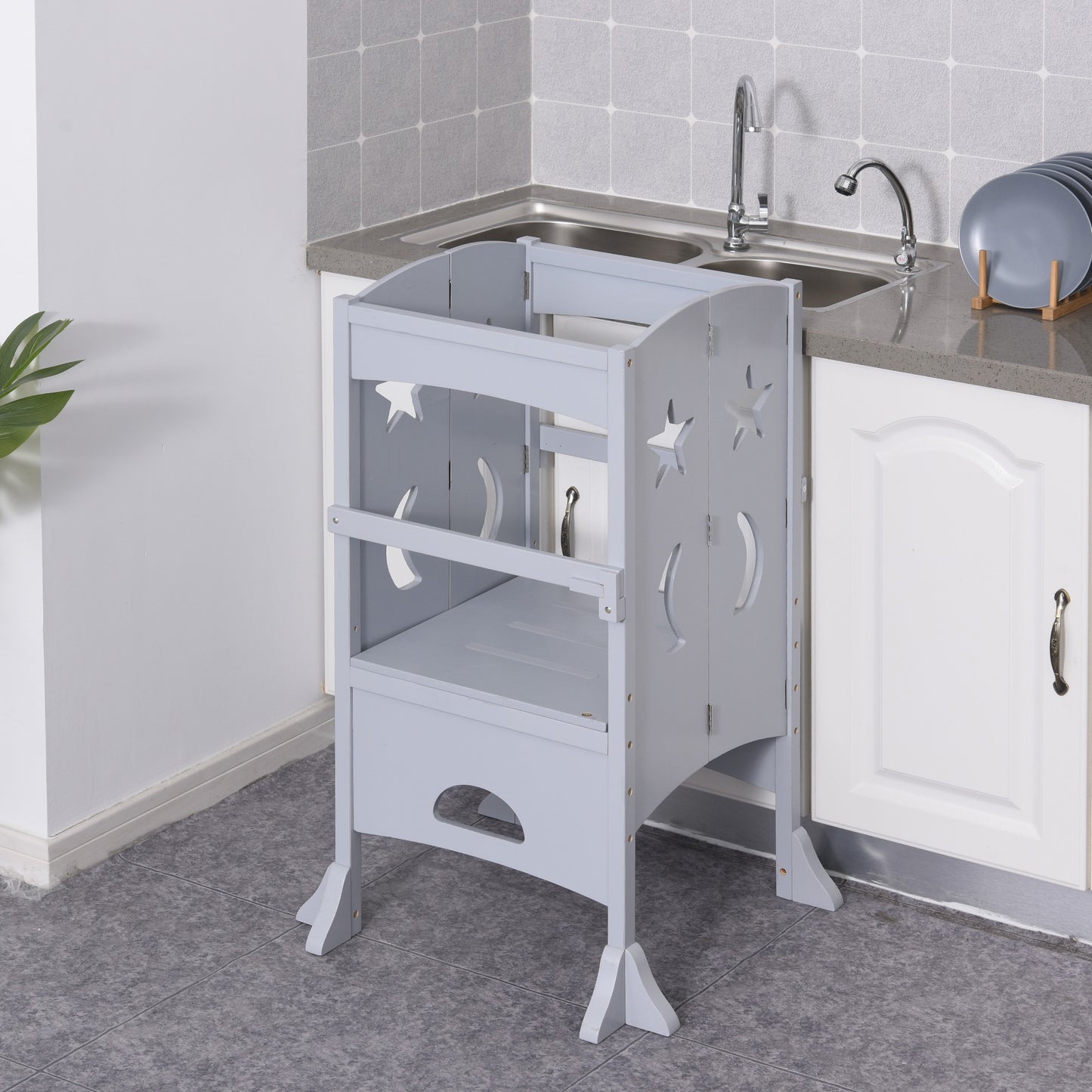Qaba Step Stool w/ Support Handles Safety Rail and Non-Slip Learning Tower Hardwood Stepping Stool for kids and Toddlers Counter Grey | Aosom Canada