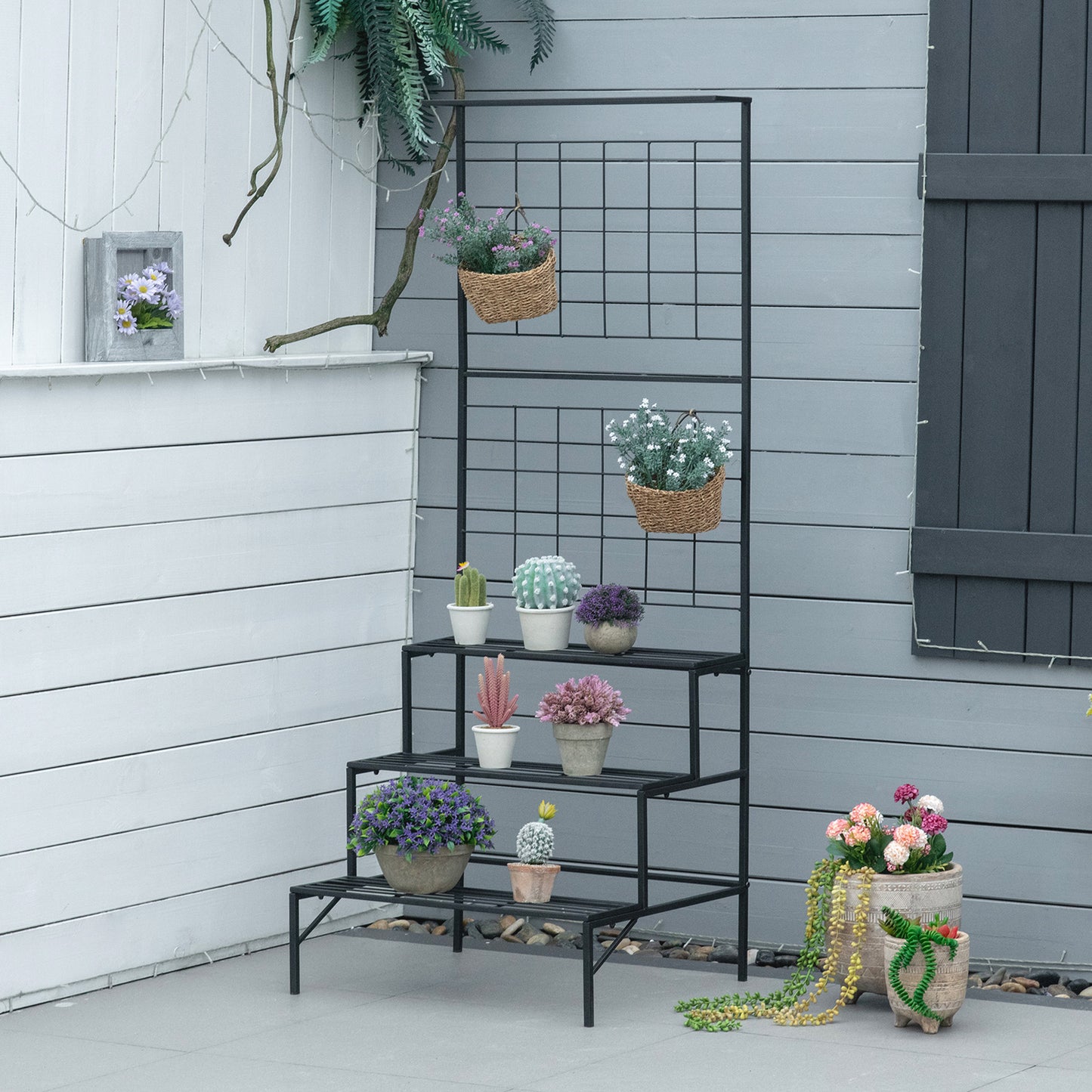 Outsunny 3-Tier Hanging Plant Stand with Grid Panel, Planter Shelves Flower Pot Organizer Rack| Aosom Canada