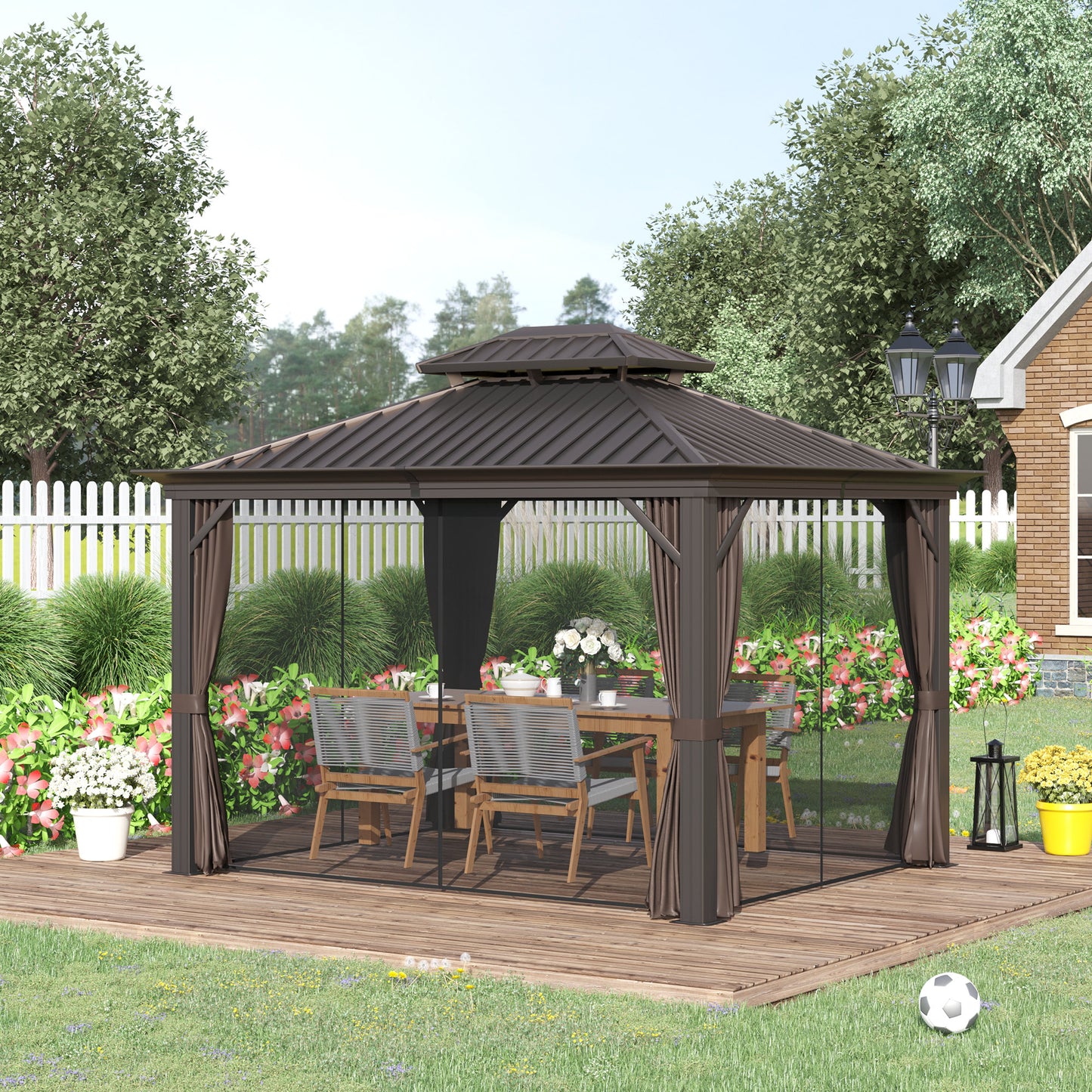Outsunny 12' x 10' Outdoor Hardtop Gazebo with Galvanized Steel Canopy & Netting Sidewalls for Lawn, Backyard, Brown | Aosom Canada