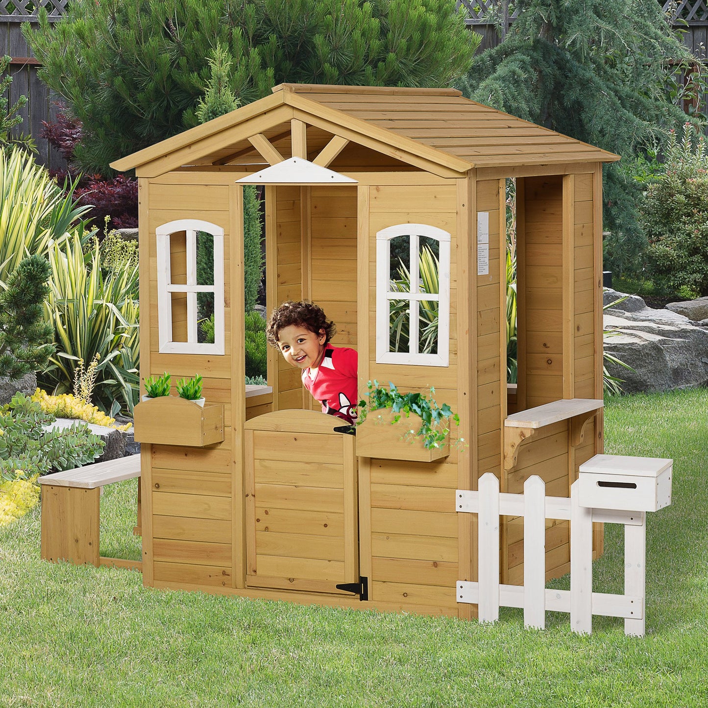 Outsunny Kid Outdoor Wooden Playhouse with Door Windows Mailbox Flower Pot Holder Serving Station Bench Natural | Aosom Canada