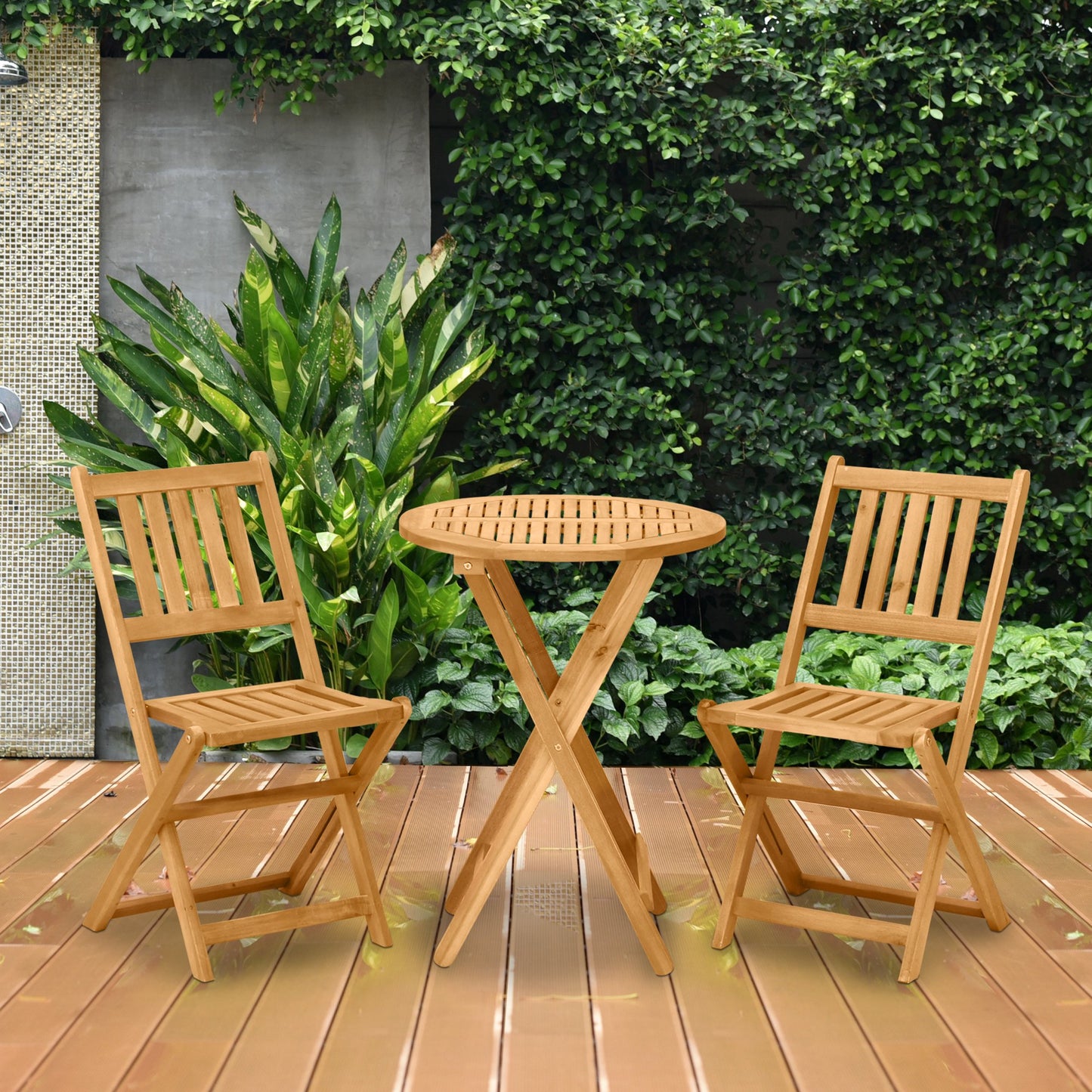 Outsunny 3 Piece Folding Patio Bistro Set Dining Table Set Table and 2 Chairs Acacia Wood | Aosom Canada