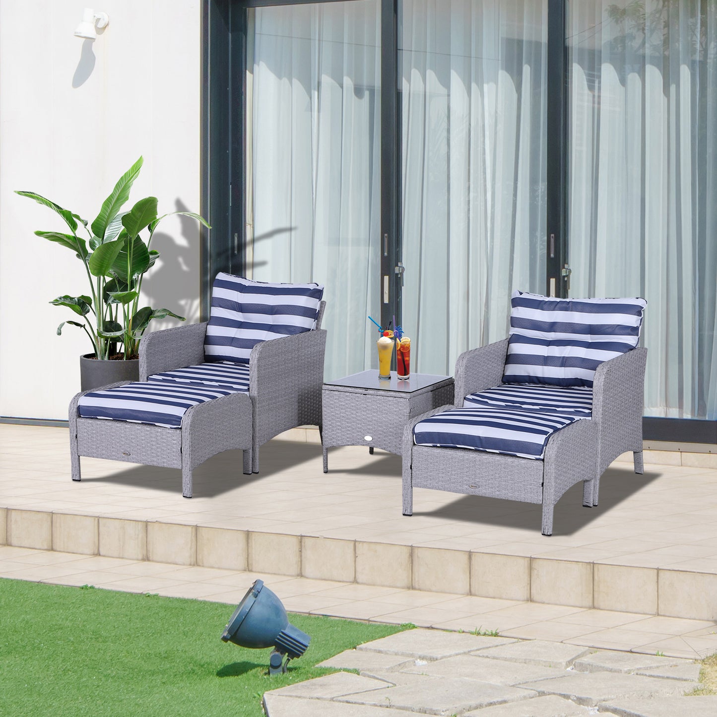 Outsunny 5 Piece Rattan Wicker Outdoor Patio Conversation Set w/ 2 Cushioned Chairs 2 Cushioned Ottomans and Glass End Desk | Aosom Canada