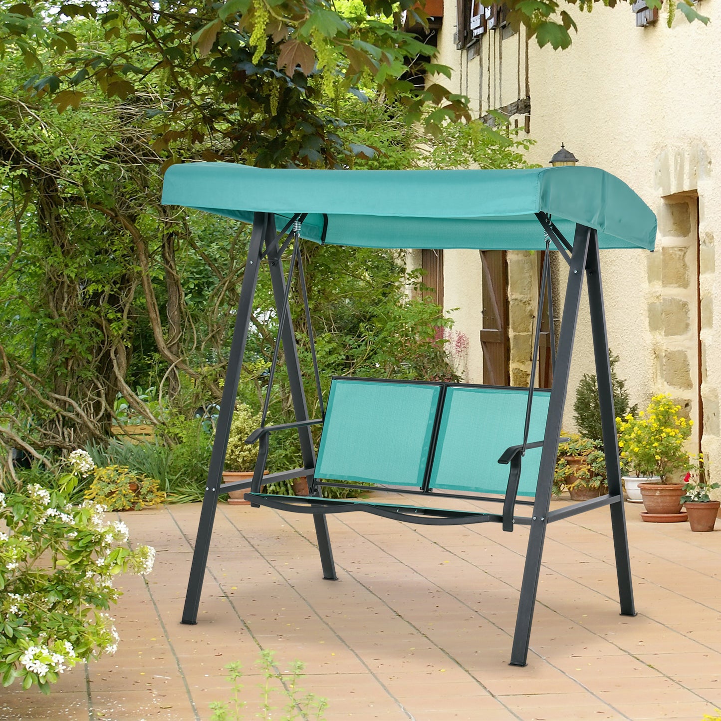 Outsunny 2-Person Patio Swing Chair Outdoor Canopy Swing with Adjustable Shade, Breathable Mesh Seats and Steel Frame, Blue | Aosom Canada