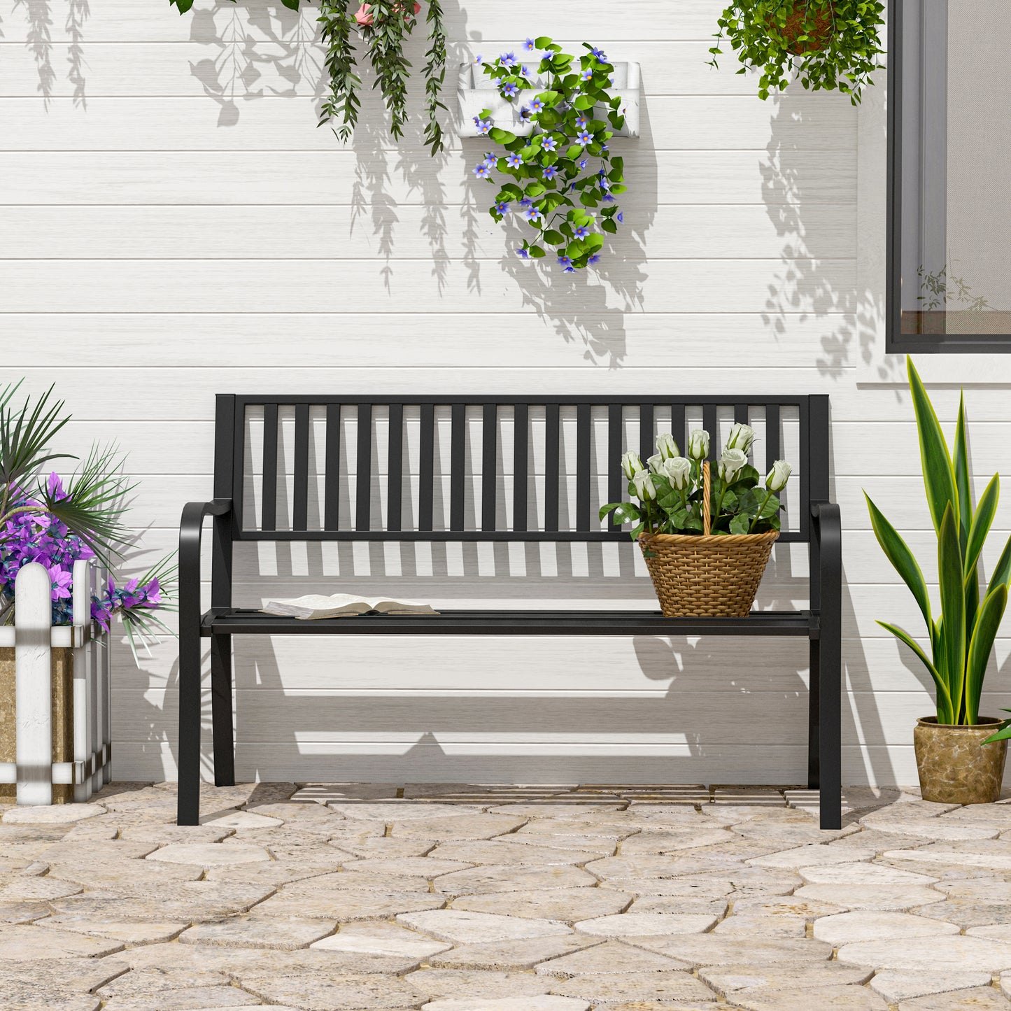 Outsunny 50" Steel Garden Bench Patio Metal Backyard Park Chair Outdoor Seat Furniture Black | Aosom Canada