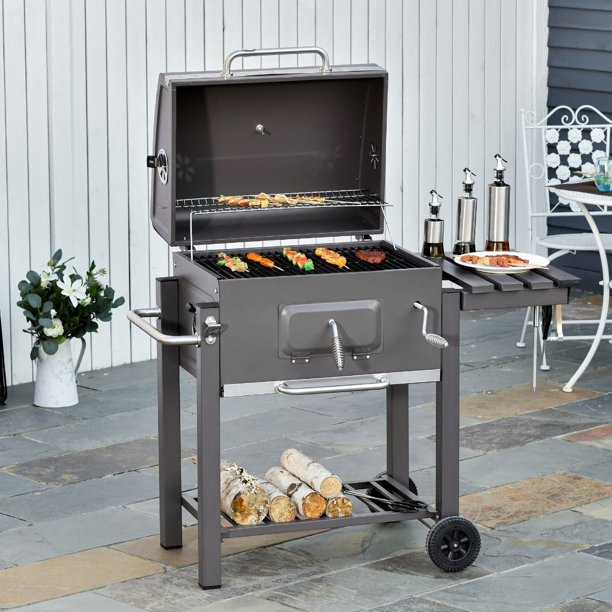 Outsunny Charcoal Grill BBQ Trolley Smoker Camping Picnic Portable Backyard w/ Side Shelf | Aosom Canada