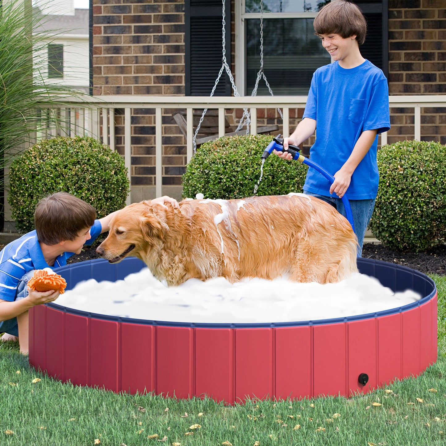 PawHut Folding PVC Dog Bath Pool Portable Pet Kiddie Swimming Pool, Outdoor/Indoor Puppy Bath Tub with Nonslip Bottom, Φ63", Red | Aosom Canada