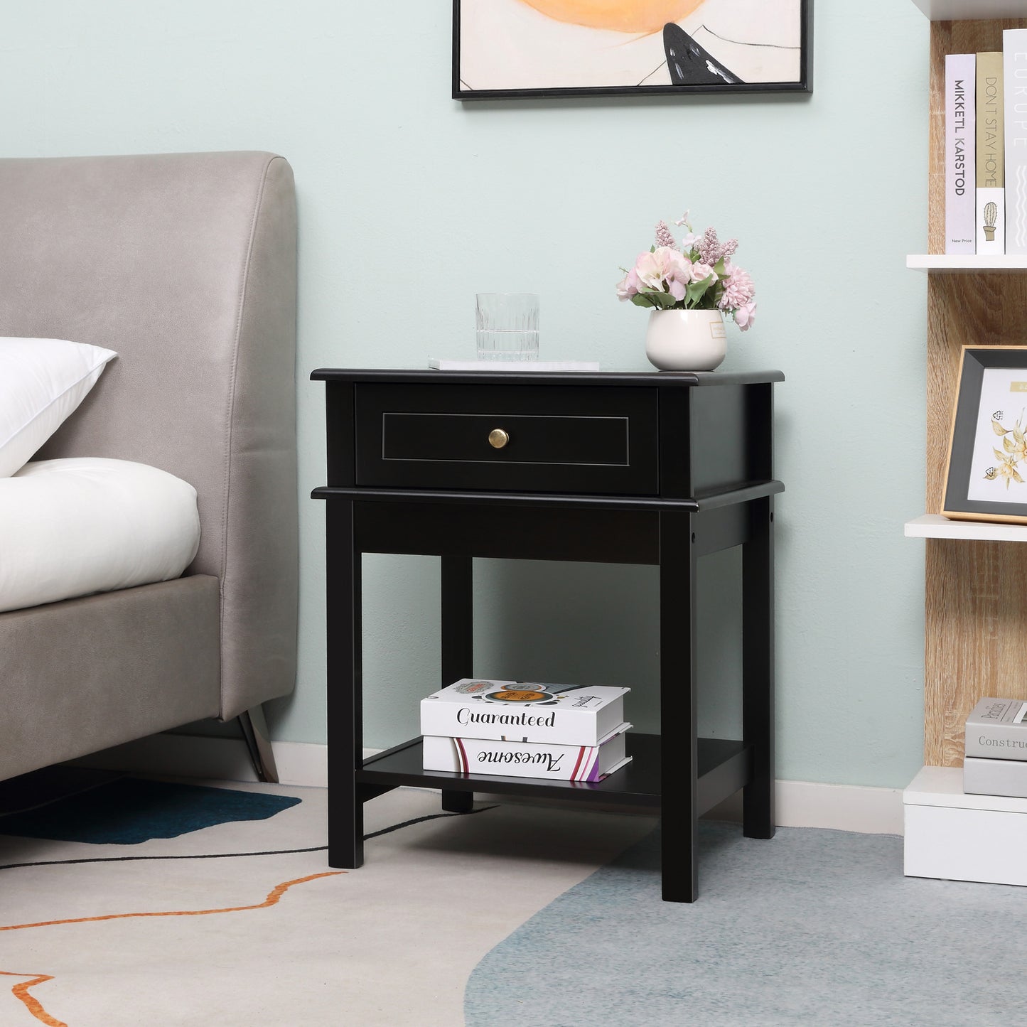 HOMCOM Modern Nightstand, Accent End Side Table with Drawer and Storage Shelf, Bedside Table for Bedroom Living Room, Black | Aosom Canada