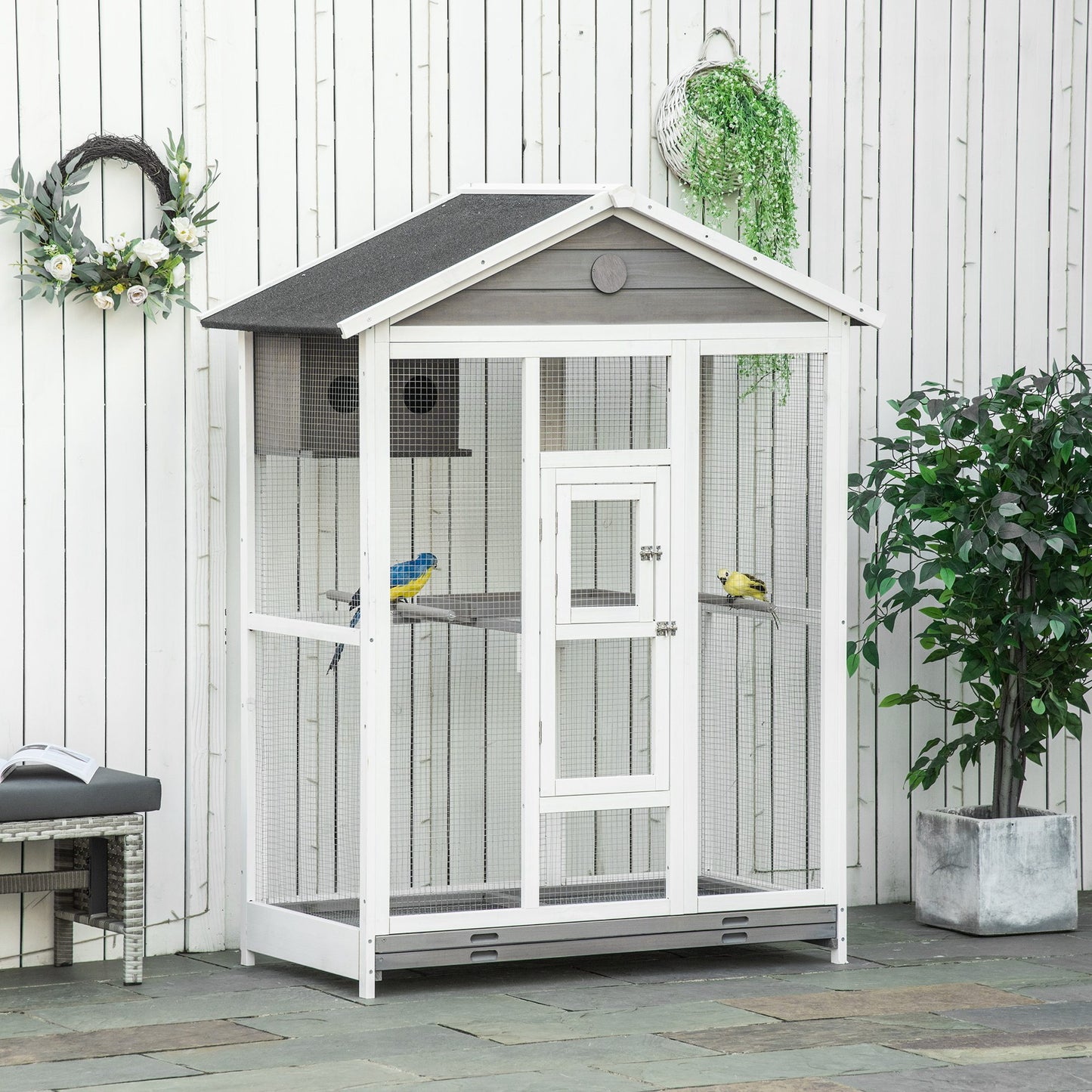 PawHut 64.5" Bird Cage Large Wooden Aviary for Budgie Canary Cockatiel with Standing Pole Nest Slide-out Tray for Indoor Outdoor Grey | Aosom Canada