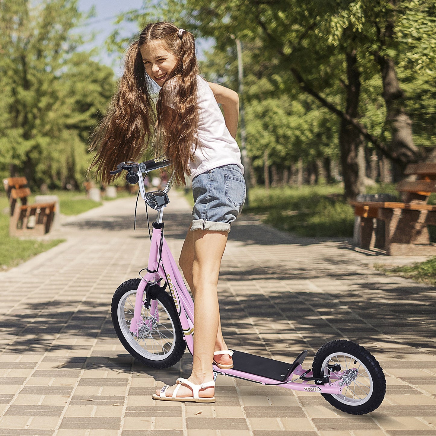 HomCom Adjustable Teen Kick Scooter Child Pro Stunt Scooter Ride On Speeder Kids Street Bike 16" Inflatable Tire Pink | Aosom Canada