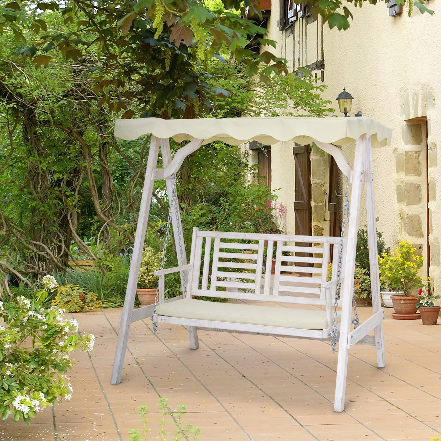 Outsunny 2 Seater Porch Swing w/ Stand, Canopy and Cushion, Outdoor Wooden Swing Chair Bench | Aosom Canada